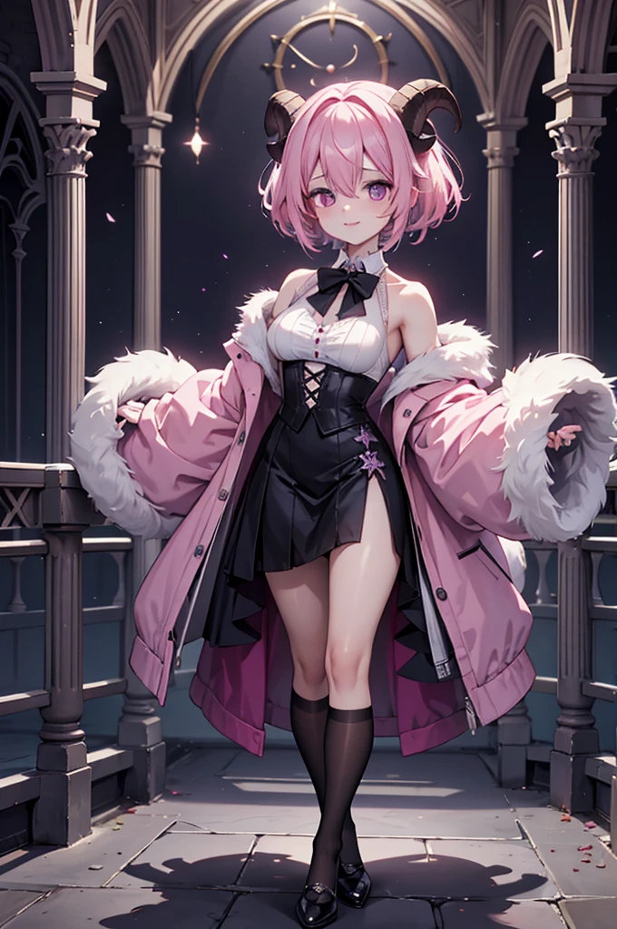 butler outfit, short pink hair, hypdertailed, purples eyes, ashen skin, demon, claws, goat horns, bangss, gothic art, full body shot shot, elegant pose, ssmile, Romanticism, work of art, anatomically correcte, high qualiy, super detaill, best qualityer, 4K, 8k, Perfect Woman, the most beautiful woman, her face has to be symmetrical and beautiful, baby pink hair