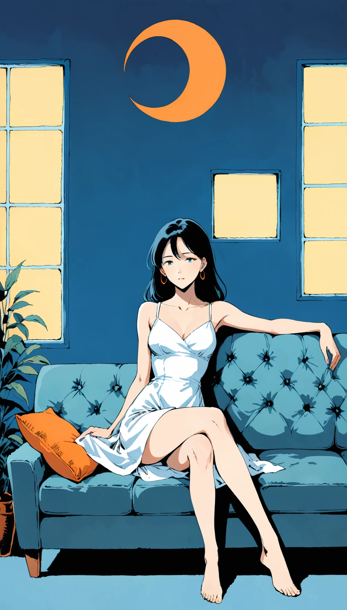 in style of Frank Miller,in style of Gary Grayson,in style of Quentin Blake,
1girl,indoors,long white dress,lie back on the couch,(relaxed body posture:1.5),long black hair,crossed_legs,
the background is a blue room with an orange false crescent,square windows,night,front view,(cowboy_shot:1.2),eyes_focus,(minimalist style illustration:1.4),(dynamic_pose:1.2),(fabric sofa:1.3),