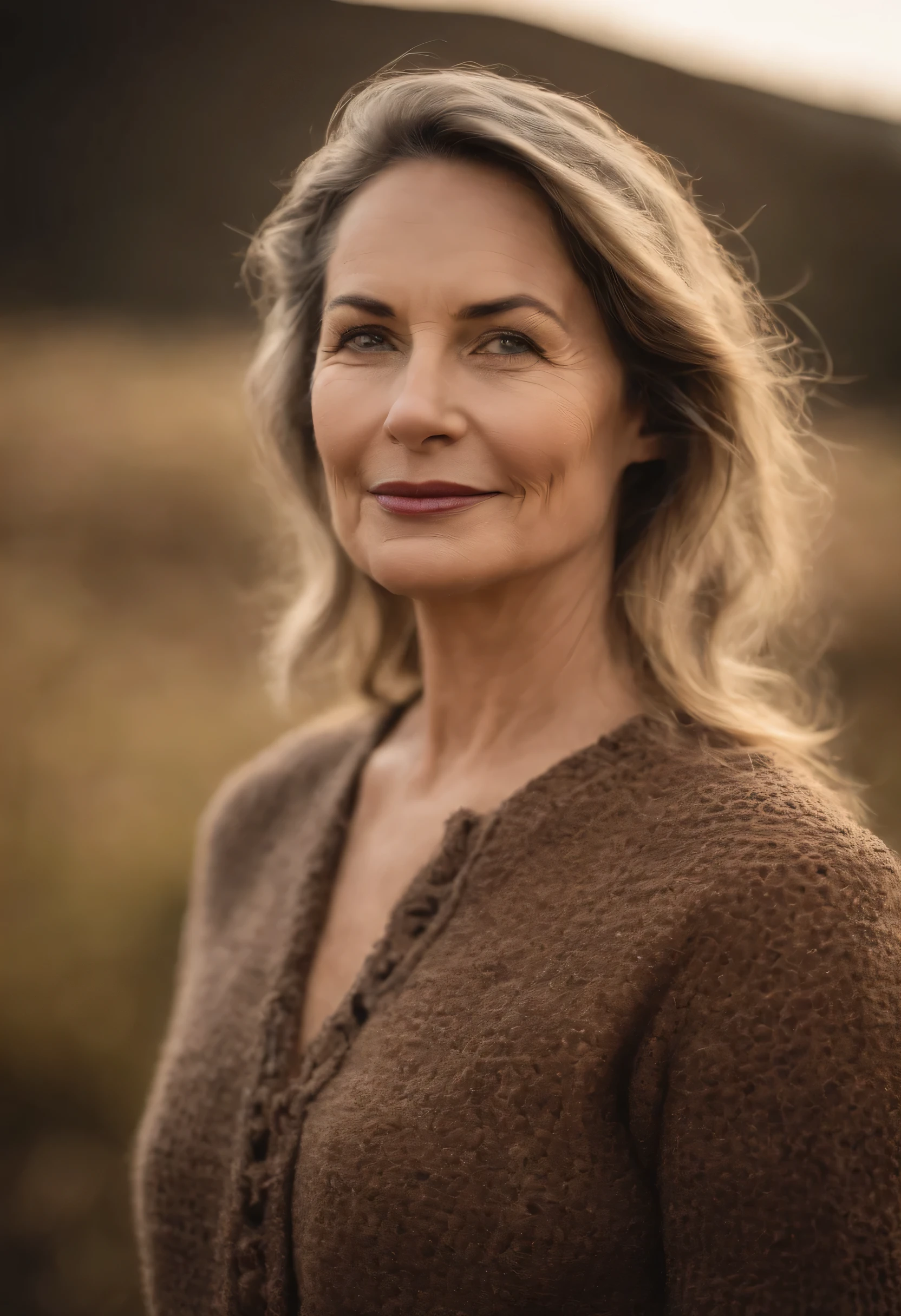 Photo of a mature white woman, Christian vibes, beautiful face, gray brunette hair, pale skin, slightly aged, age 45, happy face (not smiling), knitted sweater, Red lips, busty, neckleace, textura de pele realista, plein-air, farmland background, Countryside life, body directly facing the camera, photorrealistic, horses in distant background