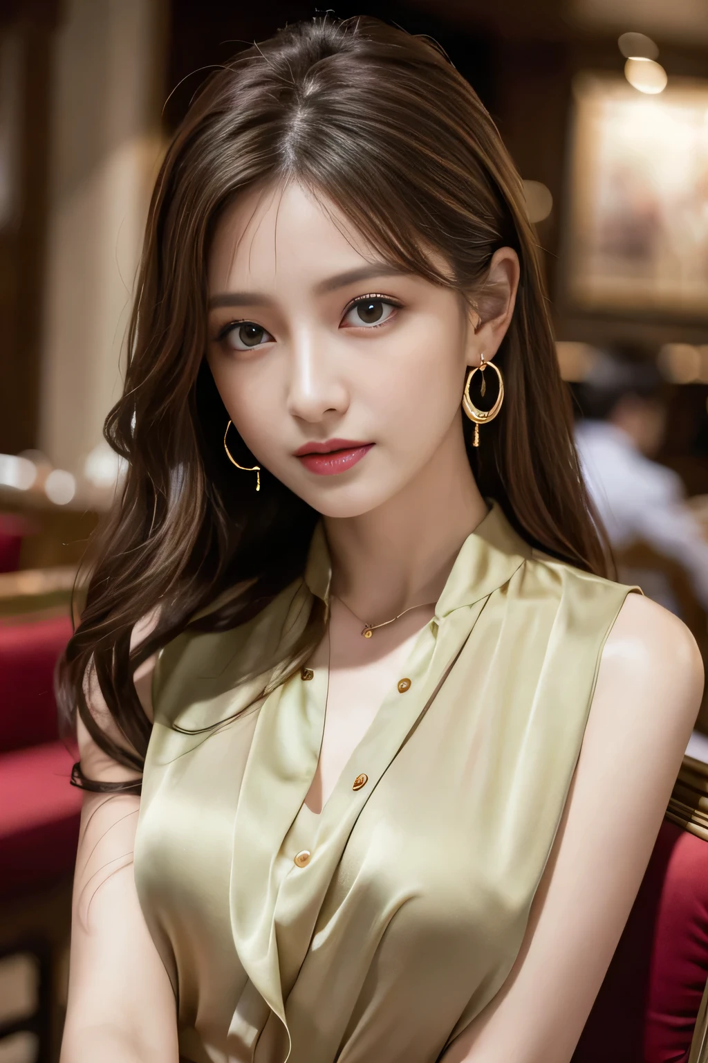 masterpiece, Highest quality, Realistic, Very detailed, Finer details, High resolution, 8k wallpaper, One beautiful woman, Wear a pretty colored silk shirt, In a great restaurant, At night, Light brown messy hair, Perfect dynamic composition, Beautiful and beautiful eyes、Big earrings、chest、Sleeveless shirt、