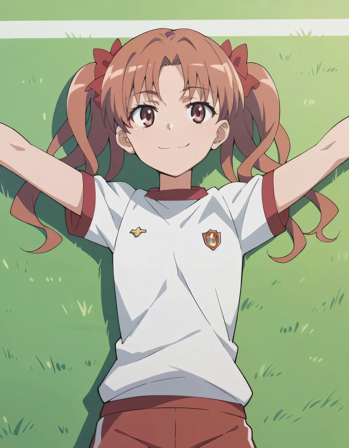 kuroko, gym, shiny skin, masterpiece, best quality, closed mouth, solo, (cowboy shot:1.5), closed mouth, solo, lying, on back, on grass, arms up, spread arms, smile,