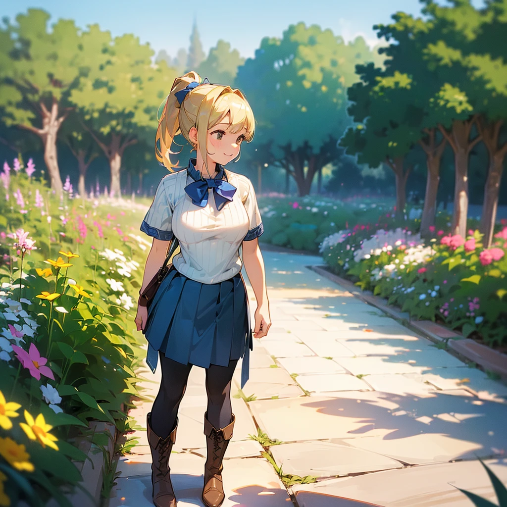 (high quality, High resolution, Very detailed, reality:1.37), Peaceful atmosphere, (Outdoor, garden), Teenage girl standing alone, (my breasts are big.), Beautiful details, Cute Smile, (Blonde Ponytail), Short sleeve ribbed sweater, Blue Skirt, Black tights, Brown boots.