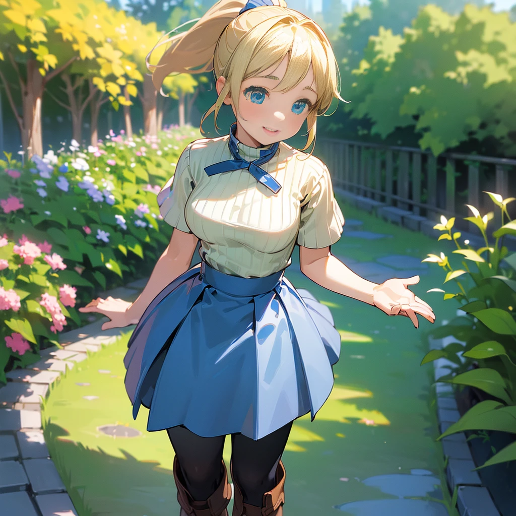 (high quality, High resolution, Very detailed, reality:1.37), Peaceful atmosphere, (Outdoor, garden), Teenage girl standing alone, (my breasts are big.), Beautiful details, Cute Smile, (Blonde Ponytail), Short sleeve ribbed sweater, Blue Skirt, Black tights, Brown boots.