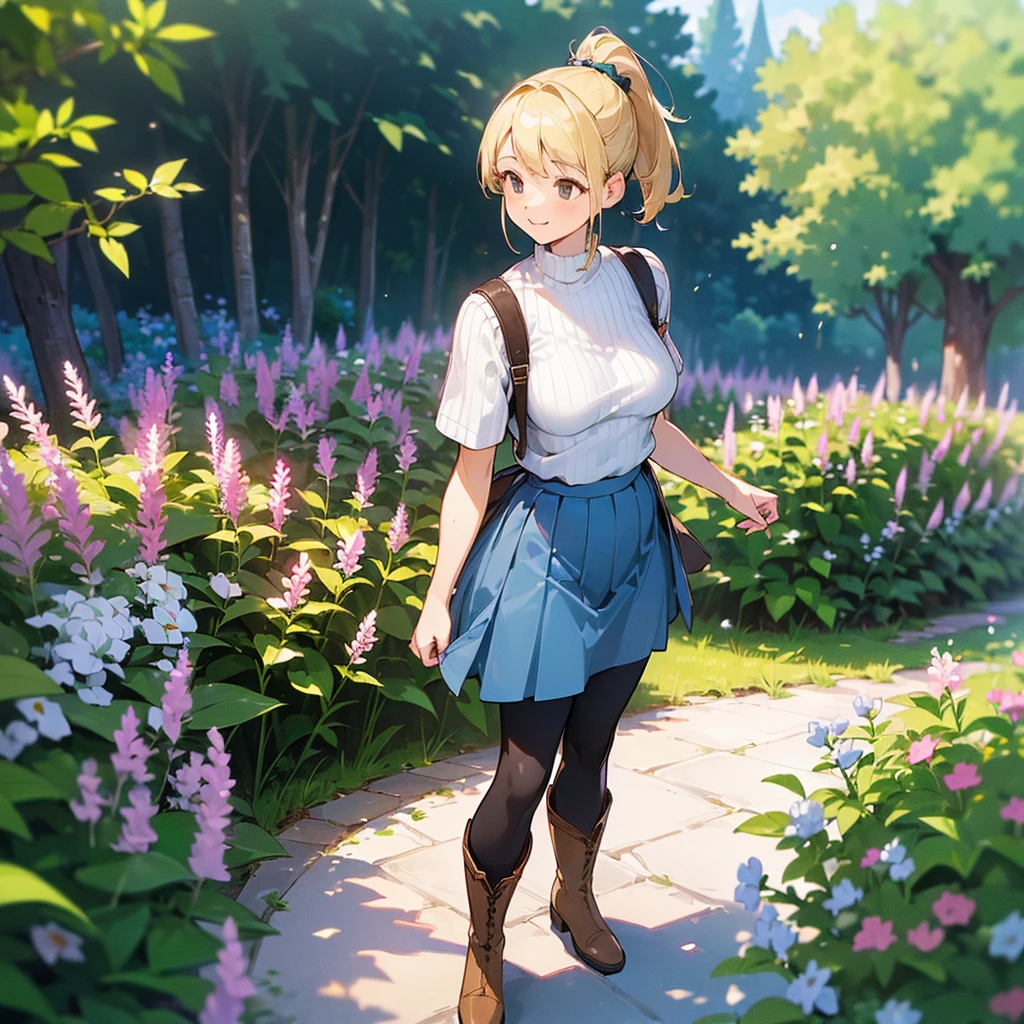 (high quality, High resolution, Very detailed, reality:1.37), Peaceful atmosphere, (Outdoor, garden), girl standing alone, (my breasts are big.), Beautiful details, Cute Smile, (Blonde Ponytail), Short sleeve ribbed sweater, Blue Skirt, Black tights, Brown boots.