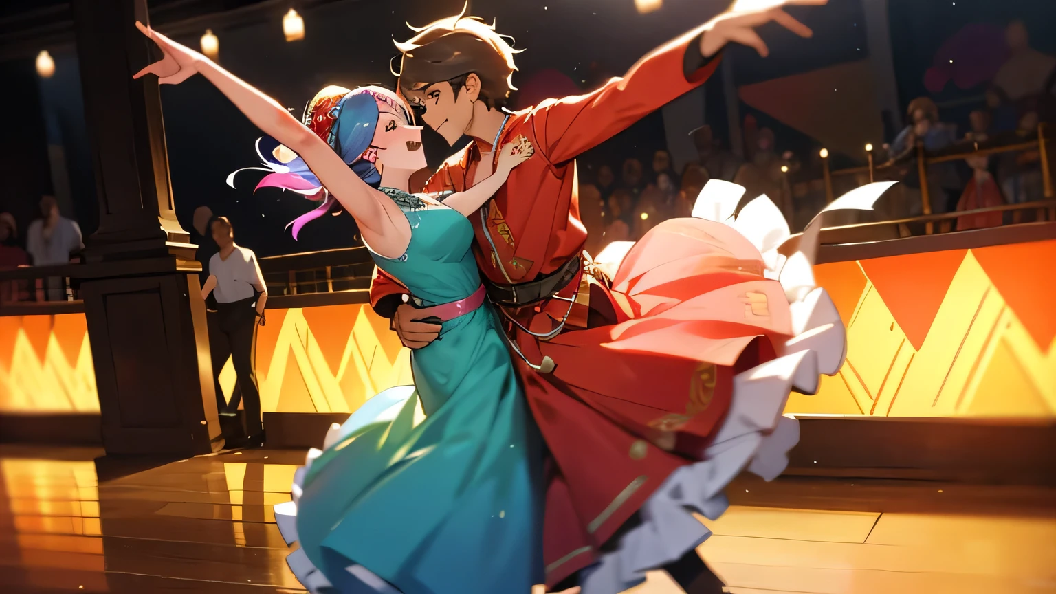 "Create an animated image of people dancing forró. The scene should show a group of couples on a dance floor, everyone smiling and having fun. Couples must be dressed in colorful, typical forró clothing., like flowy dresses and button-down shirts. The dance floor may have a wooden floor, with festive lights and colorful bunting hanging above. Ao fundo, include a band playing live with accordion, Zabumba and triangle. Capture the movement and energy of dance, with some couples spinning and others doing typical forró steps."