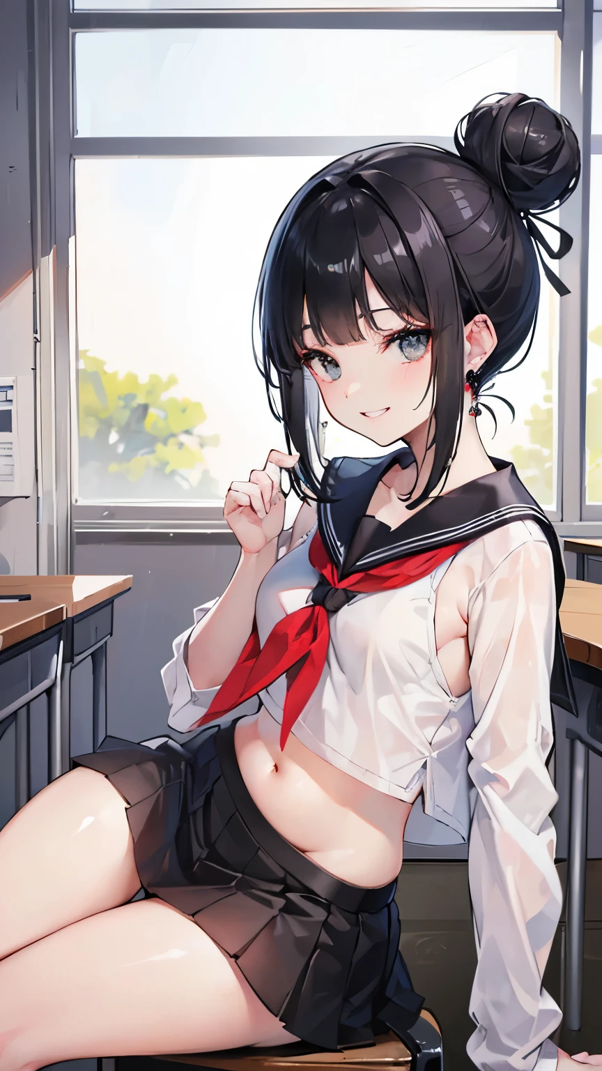 (8K、Highest image quality、highest quality、masterpiece)、detailed face、1 girl、black hair、single hair bun、blunt bangs、gray eyes、earrings、smile showing teeth、small breasts、Taken from the side、serafuku、sit on a chair、open legs、cowboy shot、POV、classroom background