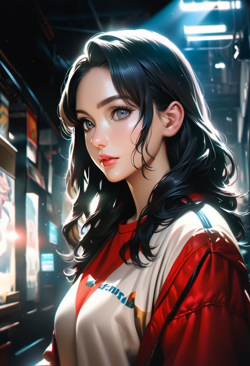 Beautiful woman with long wavy black hair_Delicate gray eyes, Pointed nose, Moderately full light pink lips, Wearing casual sportswear, 1980s style, Detailed facial features, Detailed clothing, Detailed hair, Dramatic lighting, Cinematic composition, Vivid colors, Photorealistic, Highly detailed, Glowing portrait, Masterpiece, Superb quality, 8k, Highly realistic, Hyper realistic Detailed,
