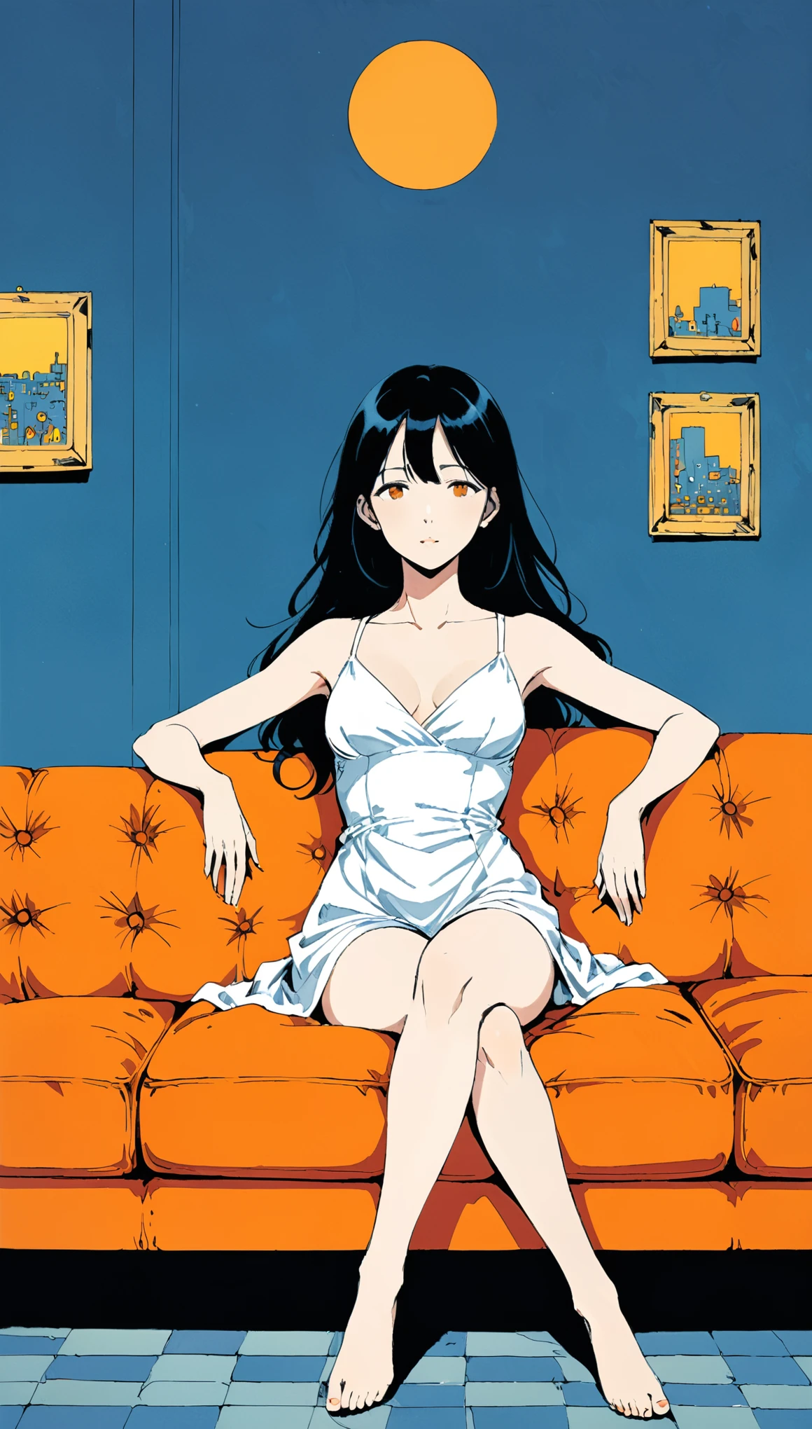 in style of Frank Miller,in style of Gary Grayson,in style of Quentin Blake,
1girl,indoors,long white dress,lie back on the couch,(relaxed body posture:1.5),long black hair,crossed_legs,
the background is a blue room with an orange false crescent,square windows,night,front view,(cowboy_shot:1.2),eyes_focus,(minimalist style illustration:1.4),(dynamic_pose:1.2),(fabric sofa:1.3),