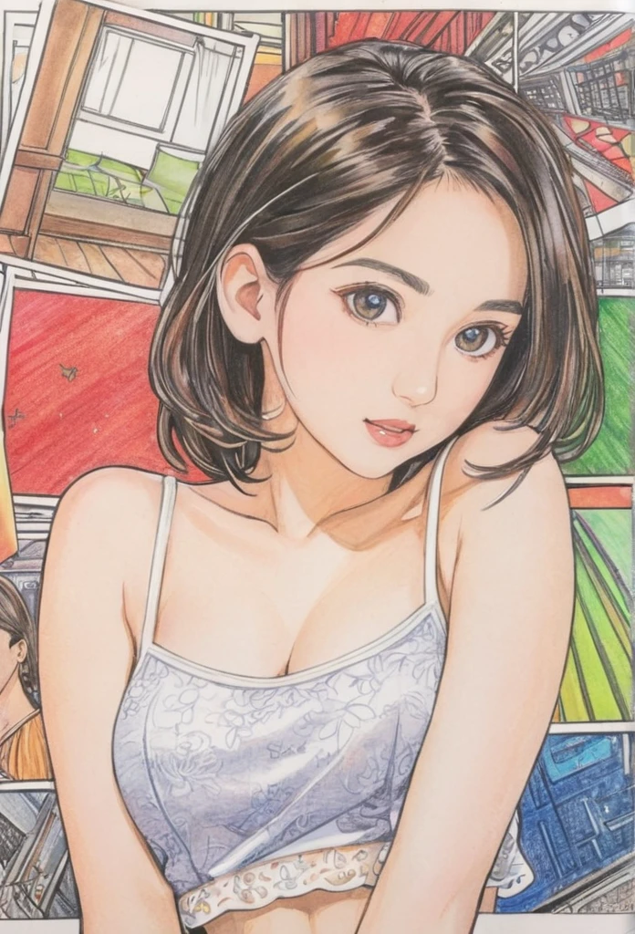  female，short camisole，white，Art，ad，colour pencil drawing，draft drawing ，comic collage
