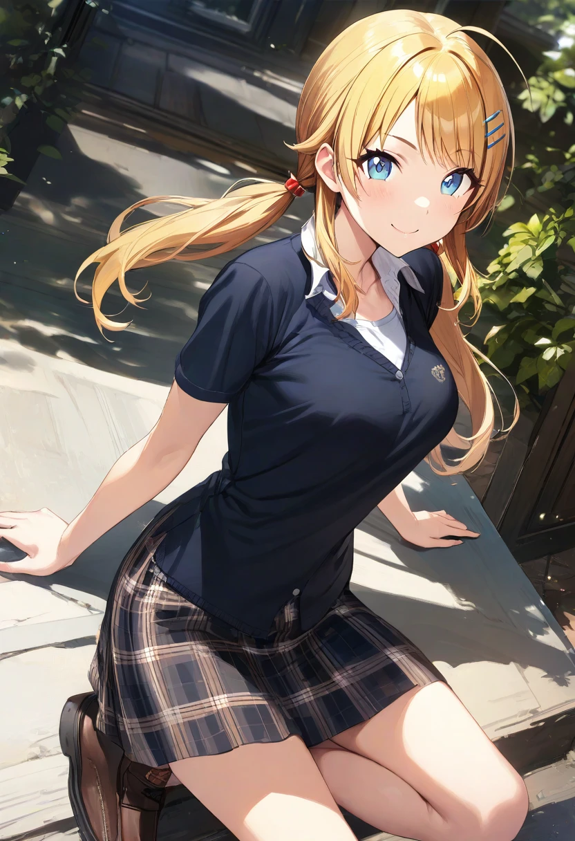 (masterpiece), (best quality), (ultra-detailed), (best illustration), (best shadow), (absurdres), (detailed background), (very aesthetic), meguru hachimiya, 1girl, blonde hair, skirt, solo, blue eyes, hair ornament, smile, plaid, breasts, twintails, plaid skirt, hairclip, looking at viewer, shirt, long hair