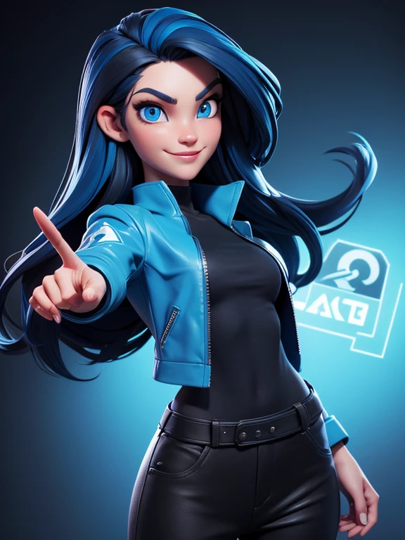 cartoon 3d avatar not realistic a young women charismatic, smiling, extroverted, thin face with long dark hair with blue highlights, blue eyes, blue modern futuristic jacket, black t-shirt underneath with no writing, black modern pants, pointing with her index finger to the left side, digital art