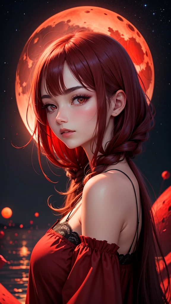 Create a beautiful red night with a red moon, red hair, yellow eyes, young beautiful japanese girl, cleavage, busty, 