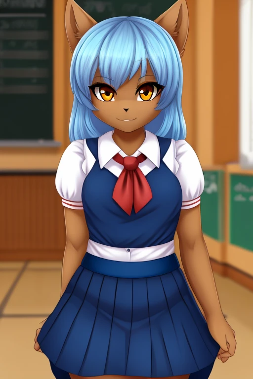 , sassy, SFW, light blue shirt, dark blue skirt, school girl uniform, amber eyes, 