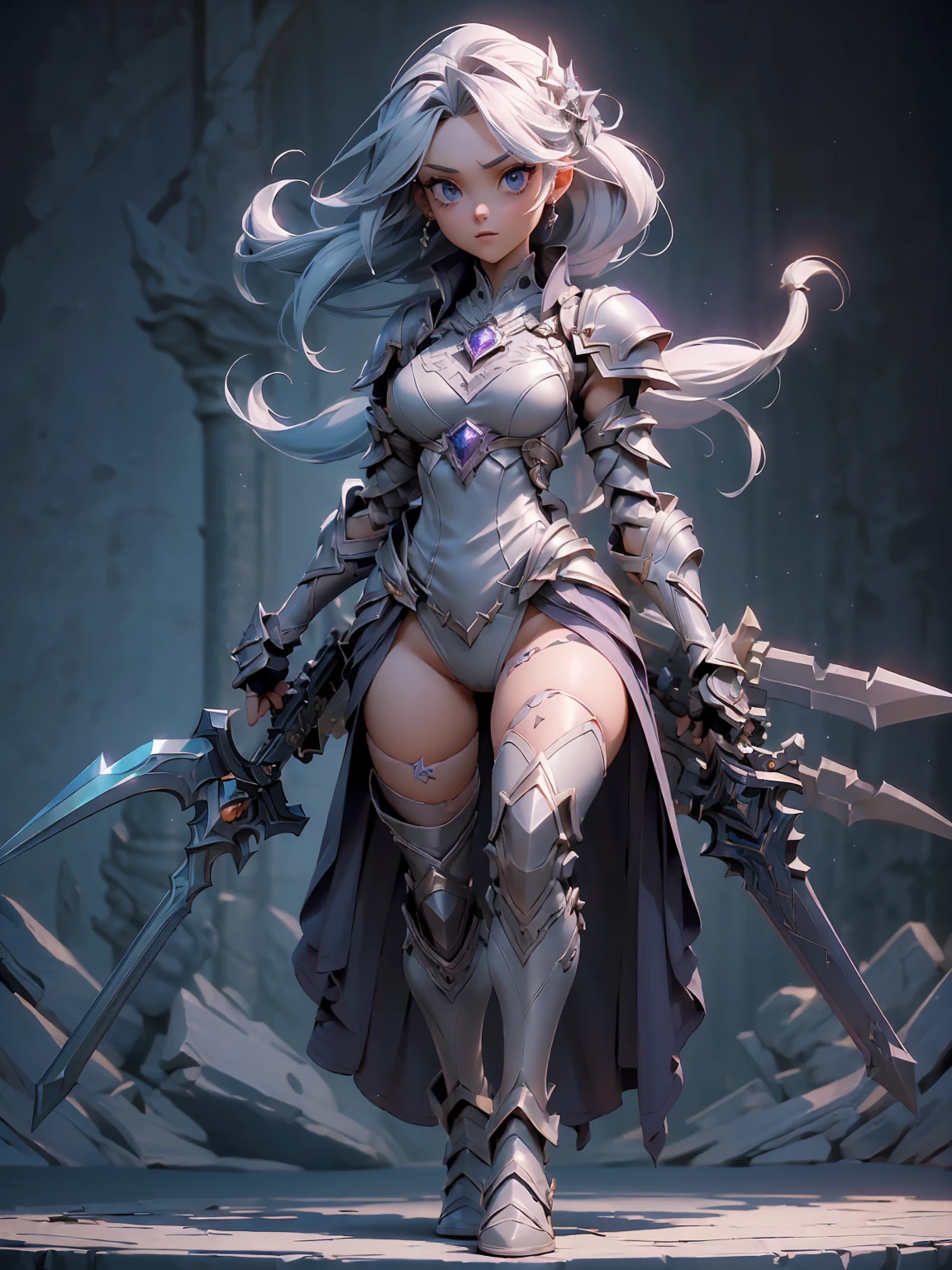 (((masterpiece, best quality, high detailed, 8k))) Design a layout showcase Gaming character, (1girl). Purple|Silver clothes, stylish and unique. ((showcase weapon:1.4)), magical orb. (masterpiece:1.2), (best quality), 4k, ultra-detailed. (Step by step design, layout art:1.5), (luminous lighting, atmospheric lighting). sorceress, ((glove full hands)), (((revealing clothes:1.3))), vambraces, armored legwear, (((full_body_shot:1.4))). {In an enchanted castle}.