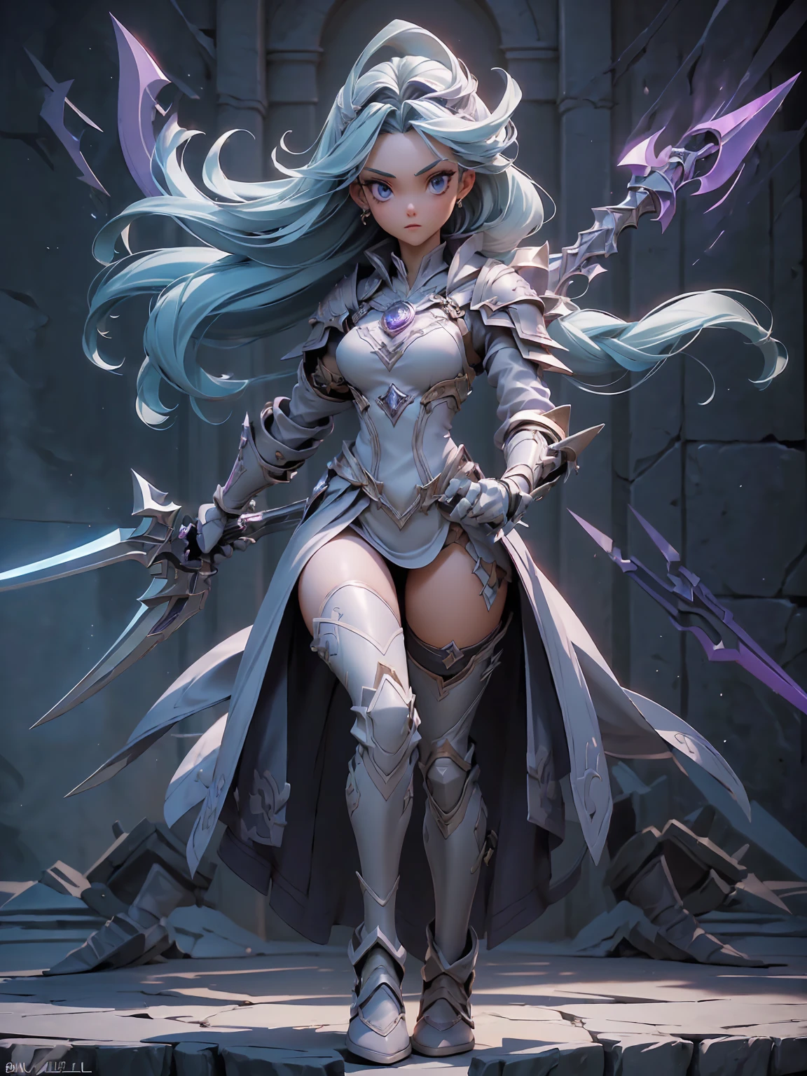 (((masterpiece, best quality, high detailed, 8k))) Design a layout showcase Gaming character, (1girl). Purple|Silver clothes, stylish and unique. ((showcase weapon:1.4)), magical orb. (masterpiece:1.2), (best quality), 4k, ultra-detailed. (Step by step design, layout art:1.5), (luminous lighting, atmospheric lighting). sorceress, ((glove full hands)), (((revealing clothes:1.3))), vambraces, armored legwear, (((full_body_shot:1.4))). {In an enchanted castle}.