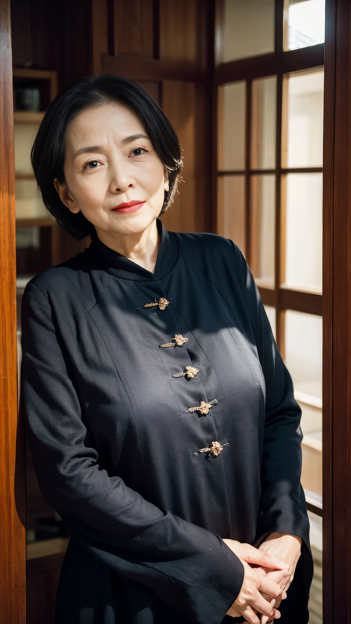Beautiful mature woman、60-year-old woman、Snapshots、Red lips, Thin lips, Mourning clothes、Light from the front,