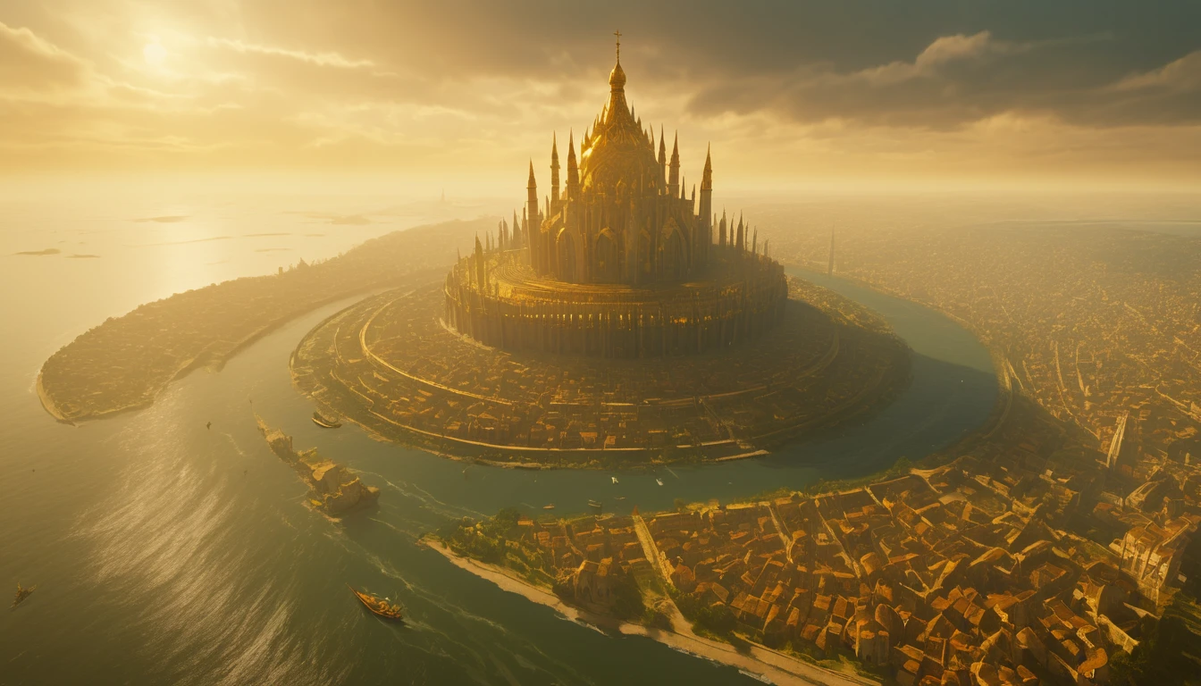 landscape, golden holy city floating over the ocean near the shore, circular, walled all around, massive cathedral in the middle of city, rivers flow throughout, populated, diablo and destiny atmosphere on the shore. ash falls from the sky.