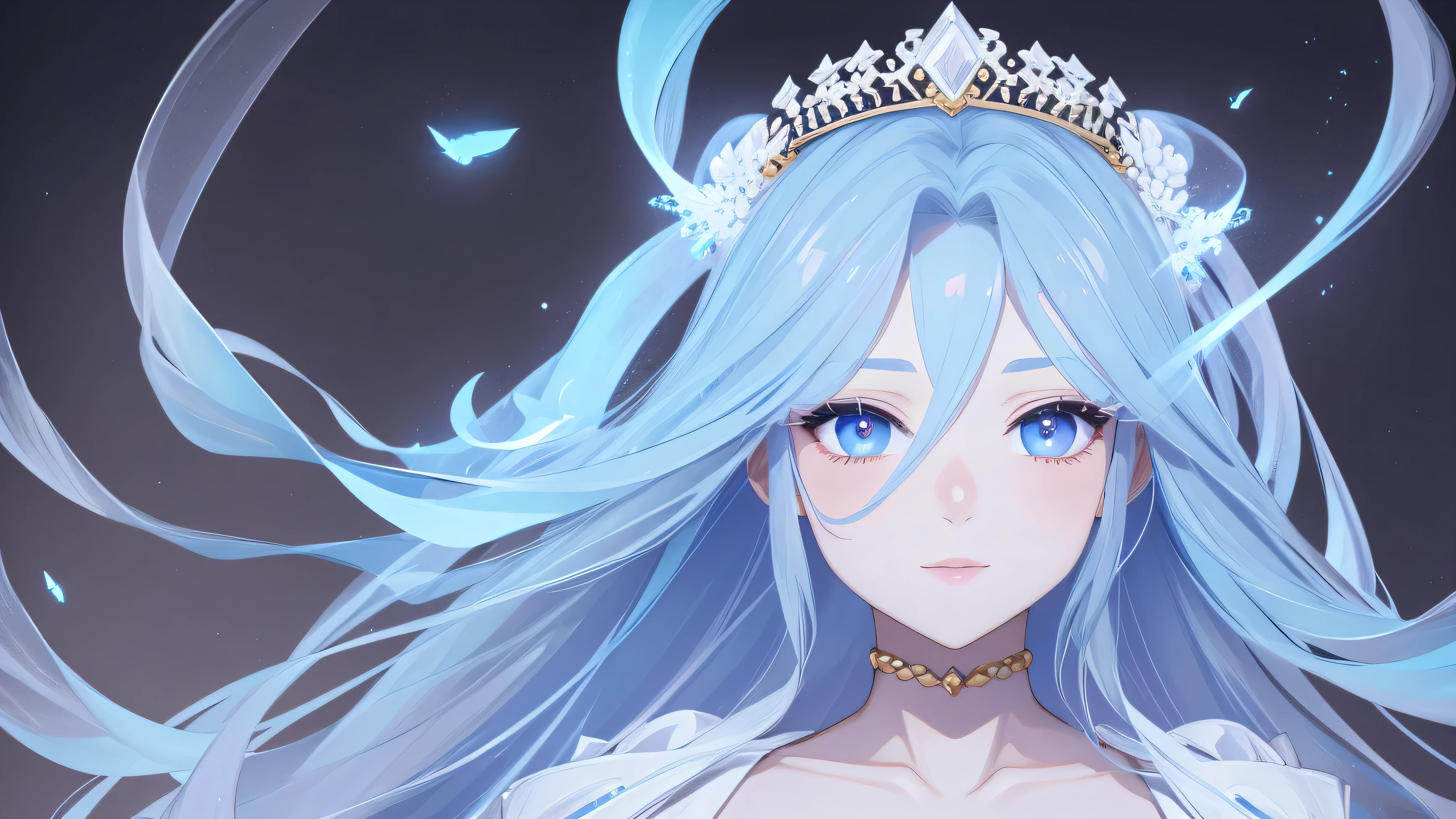 A beautiful emperor, crystalline skin, Beautiful appearance, deep wisdom in your eyes, like she's seen through everything in the world, dressed in a beautiful white cloak, holding a longsword, robes dancing in the breeze and silver hair flowing in the wind, the white robe perfectly outlines the graceful figure, the behavior is gentle and idyllic, like a perfect fairy