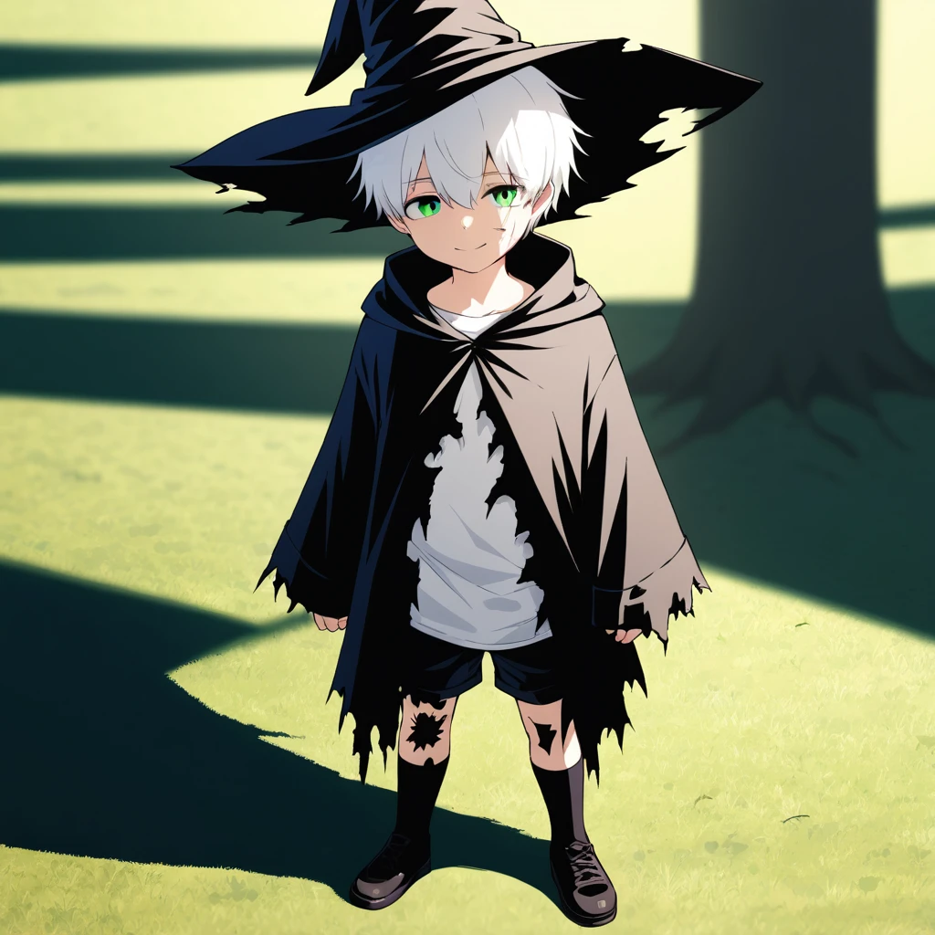 1 boy, standing alone, cute, short white hair, wizard hat, close up, shadowed face, (tattered garments:2.0), Big Shirt, Shorts, black thighighs, xpressivo, relaxante, cheerful eyes, Scenario, natta, Depth of field, work of art, best qualityer