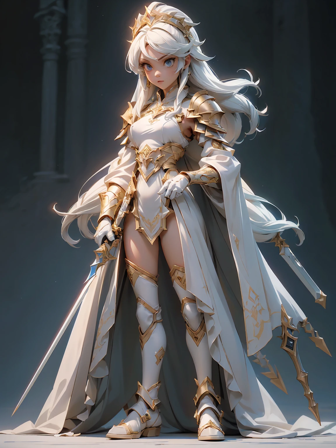 (((masterpiece, best quality, high detailed, 8k))) Design a layout showcase Gaming character, (1girl). White|Gold clothes, stylish and unique. ((showcase weapon:1.4)), holy scepter. (masterpiece:1.2), (best quality), 4k, ultra-detailed. (Step by step design, layout art:1.5), (luminous lighting, atmospheric lighting). priestess, ((glove full hands)), (((revealing clothes:1.3))), vambraces, armored legwear, (((full_body_shot:1.4))). {In a sacred temple}.