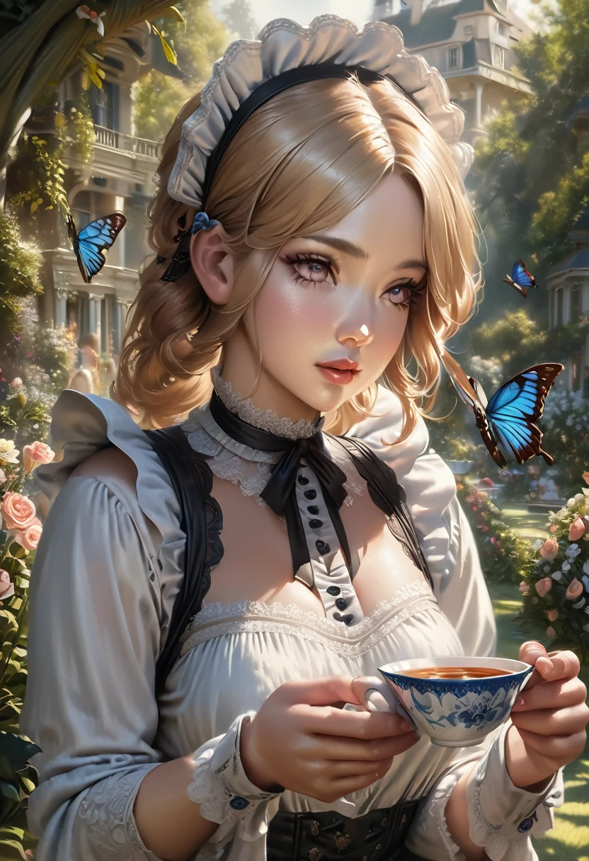 a girl in a victorian style maid dress, long blonde hair, beautiful detailed eyes, beautiful detailed lips, extremely detailed face, long eyelashes, maid headdress, frilly dress, lace, holding a tea cup, standing in an english garden, flowers, butterflies, sunlight, (best quality,8k,highres,masterpiece:1.2),ultra-detailed,(realistic,photorealistic,photo-realistic:1.37),intricate details,highly detailed,vibrant colors,natural lighting,soft focus,elegant,victorian era,hyperrealistic