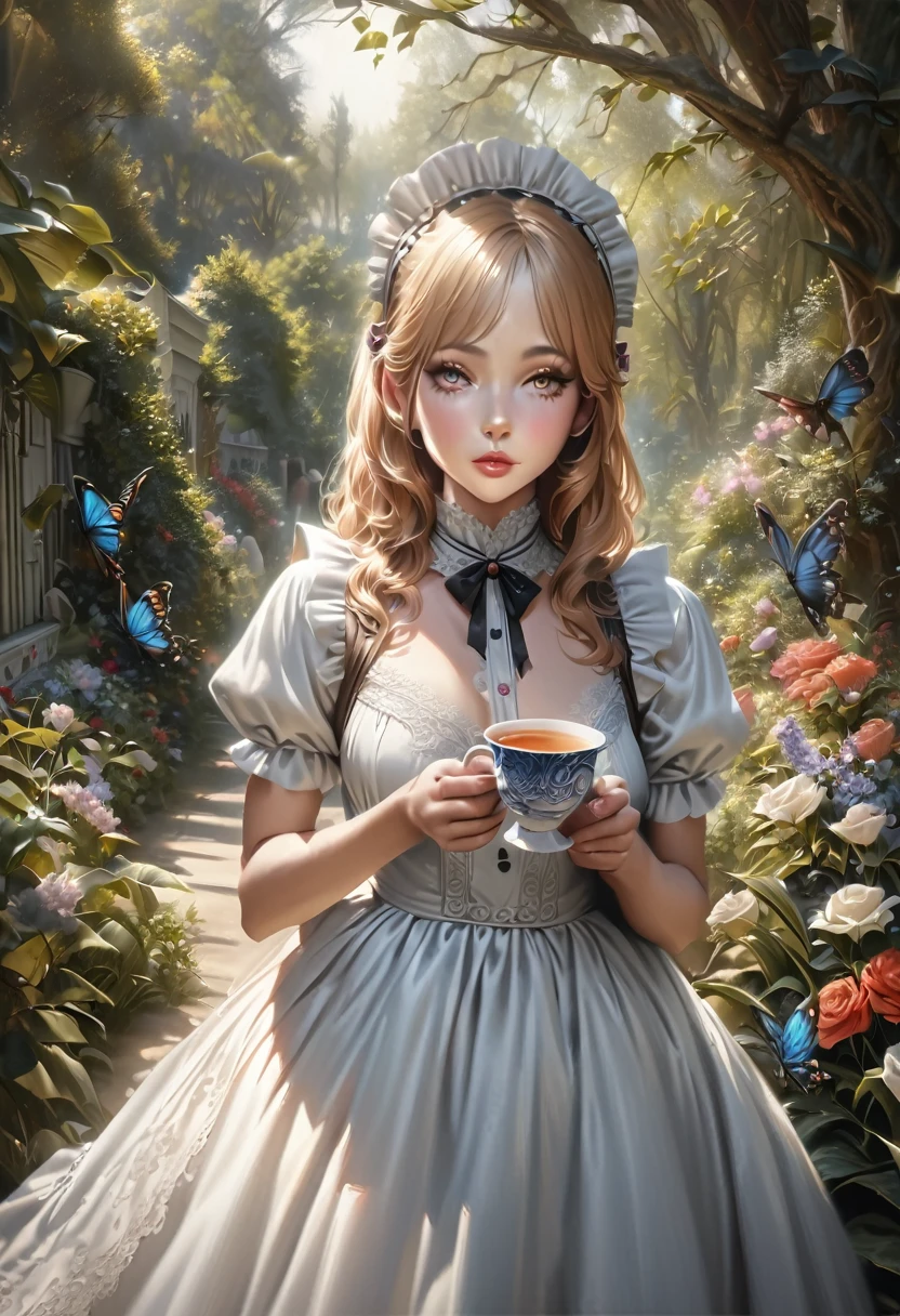 a girl in a victorian style maid dress, long blonde hair, beautiful detailed eyes, beautiful detailed lips, extremely detailed face, long eyelashes, maid headdress, frilly dress, lace, holding a tea cup, standing in an english garden, flowers, butterflies, sunlight, (best quality,8k,highres,masterpiece:1.2),ultra-detailed,(realistic,photorealistic,photo-realistic:1.37),intricate details,highly detailed,vibrant colors,natural lighting,soft focus,elegant,victorian era,hyperrealistic