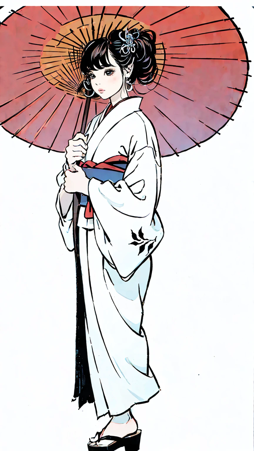 a geisha in a kimono holding a japanese parasol, full body view, beautiful detailed eyes, beautiful detailed lips, extremely detailed face, long eyelashes, highly detailed, 8k, masterpiece, hyper realistic, photorealistic, dramatic lighting, vibrant colors, elegant, traditional japanese art style