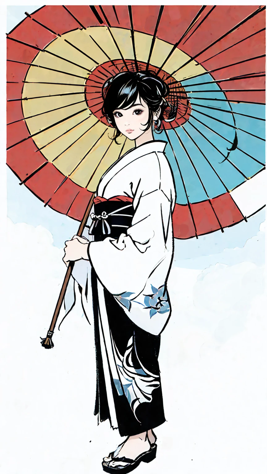 a geisha in a kimono holding a japanese parasol, full body view, beautiful detailed eyes, beautiful detailed lips, extremely detailed face, long eyelashes, highly detailed, 8k, masterpiece, hyper realistic, photorealistic, dramatic lighting, vibrant colors, elegant, traditional japanese art style