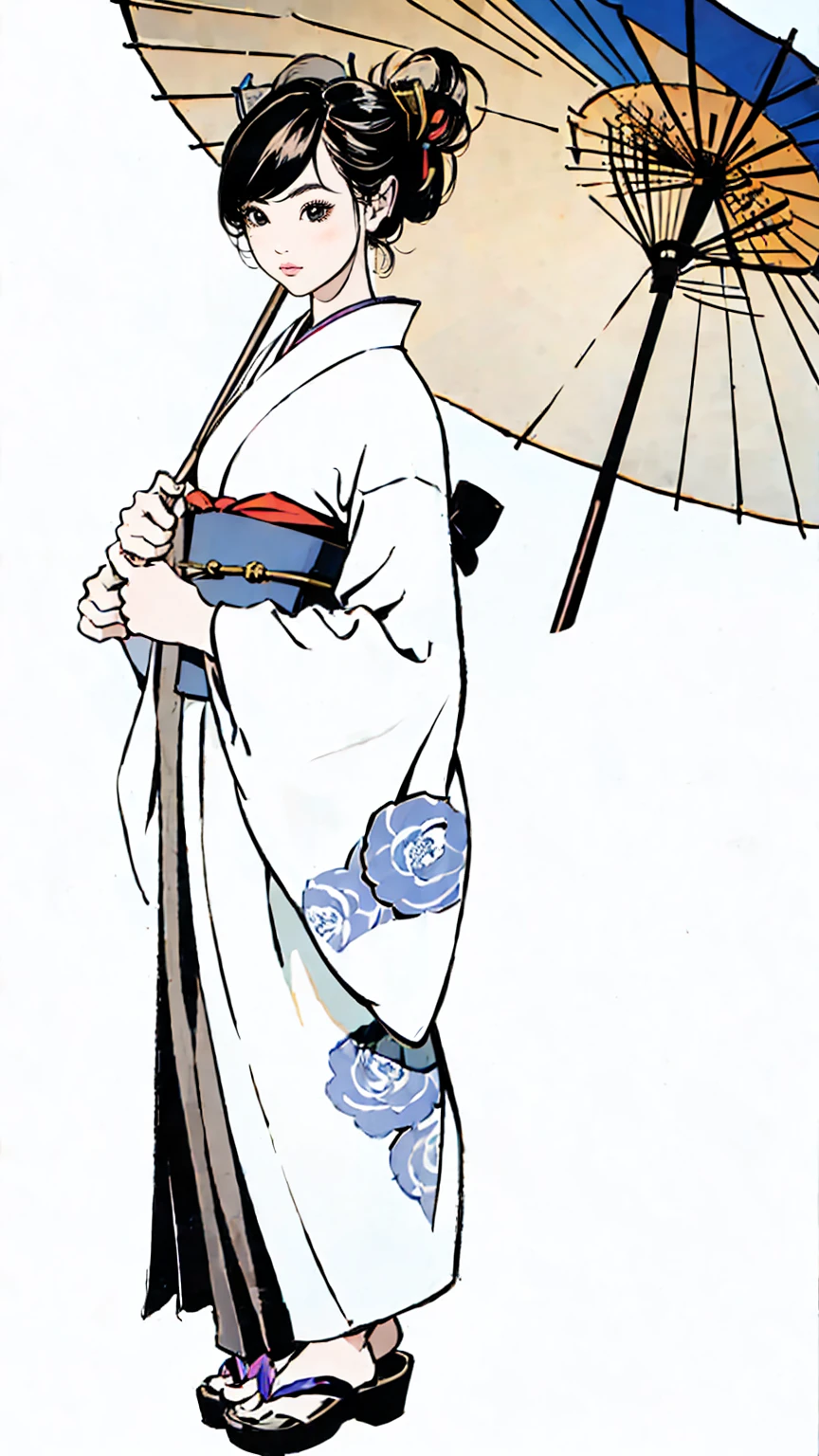 a geisha in a kimono holding a japanese parasol, full body view, beautiful detailed eyes, beautiful detailed lips, extremely detailed face, long eyelashes, highly detailed, 8k, masterpiece, hyper realistic, photorealistic, dramatic lighting, vibrant colors, elegant, traditional japanese art style