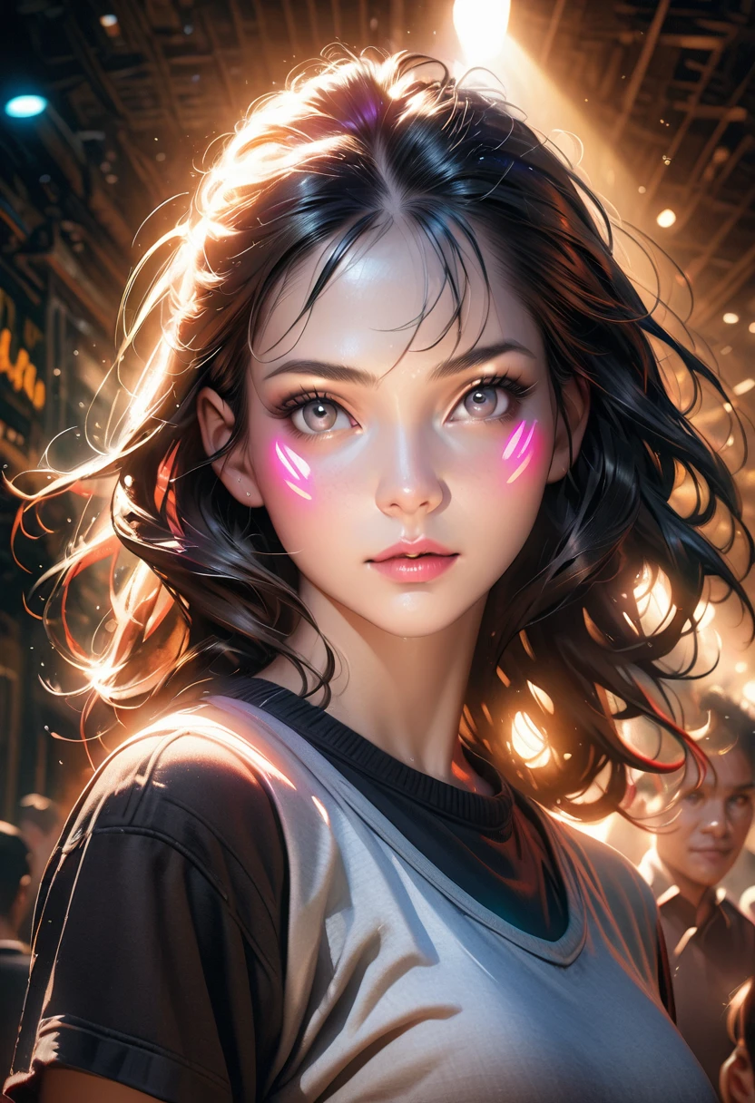 Beautiful woman with long wavy black hair_Delicate gray eyes, Pointed nose, Moderately full light pink lips, Wearing casual sportswear, 1980s style, Detailed facial features, Detailed clothing, Detailed hair, Dramatic lighting, Cinematic composition, Vivid colors, Photorealistic, Highly detailed, Glowing portrait, Masterpiece, Superb quality, 8k, Highly realistic, Hyper realistic Detailed,
