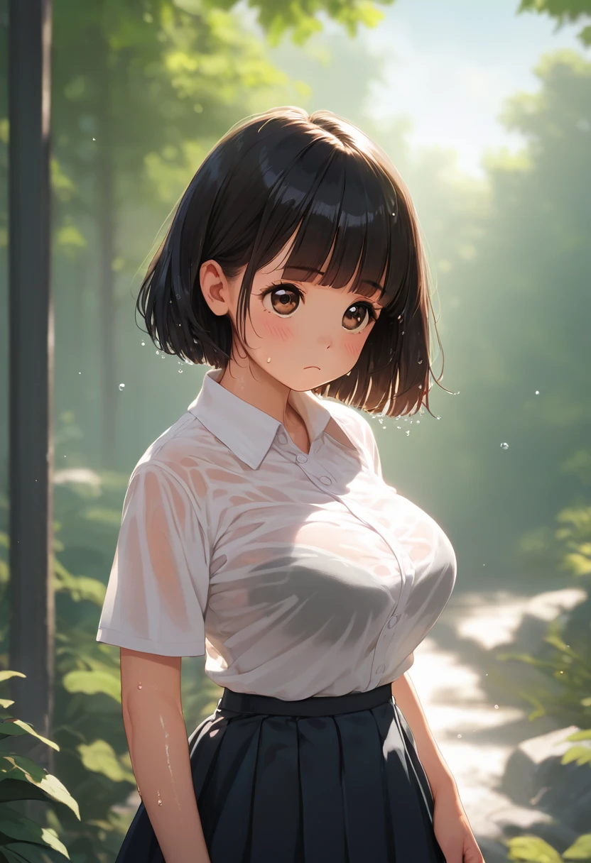 score_9,score_8_up,score_7_up,masterpiece,best quality, source anime, realistic, super detailed, extreme detailed, rating_safe,
1girl, standing, fan myself with hands, looking up,
BREAK girl, 22yo, short hair, bob cut, (blunt bangs), black hair, (tareme, detailed cute brown eyes), curled eyelashes, (large breasts:0.9),
shiny hair, beautiful detailed eyes, beautiful face,
white collared shirt, black tight mini skirt, sweat, wet shirt,
blush, frown, outdoors, sunlight