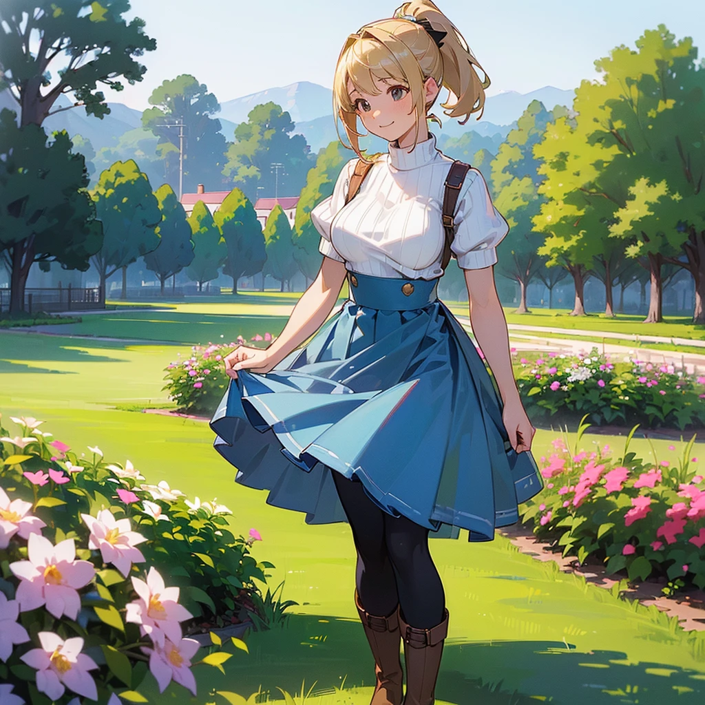 (high quality, High resolution, Very detailed, reality:1.37), Peaceful atmosphere, (Outdoor, garden), Teenage girl standing alone, (my breasts are big.), Beautiful details, Cute Smile, (Blonde Ponytail), Short sleeve ribbed sweater, Blue Skirt, Black tights, Brown boots.