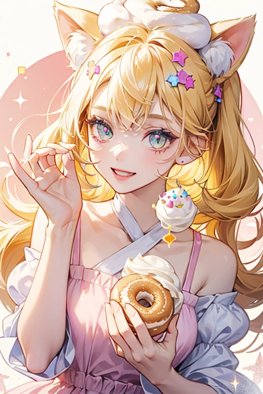 A pale donut girl cat with a winking eye. Her ears are yellow to match her frosting and cream. On her head are several white sprinkles. SPARKLE; GLITTER