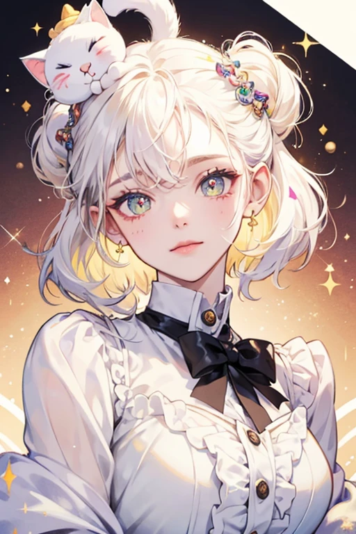 A pale donut girl cat with a winking eye. Her ears are yellow to match her frosting and cream. On her head are several white sprinkles. SPARKLE; GLITTER
