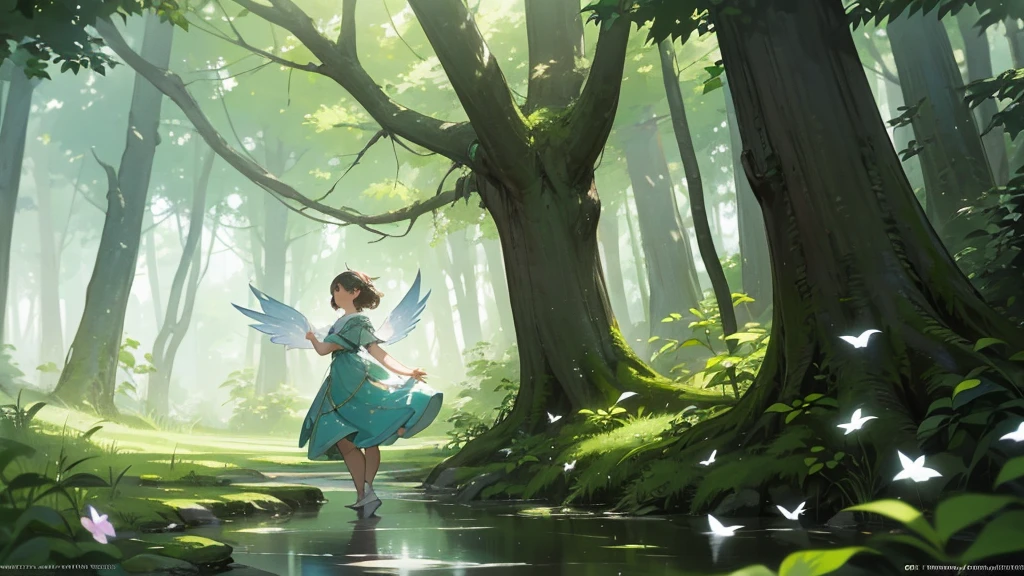 "Generate an image of a serene morning in a forest, featuring birds chirping in the trees, the gentle rustling of leaves, and a babbling brook flowing through the background. The sunlight filters through the canopy, casting soft, dappled light on the forest floor. In this enchanting scene, add playful fairies with delicate wings, dancing and frolicking among the trees and flowers, creating a magical and whimsical atmosphere."