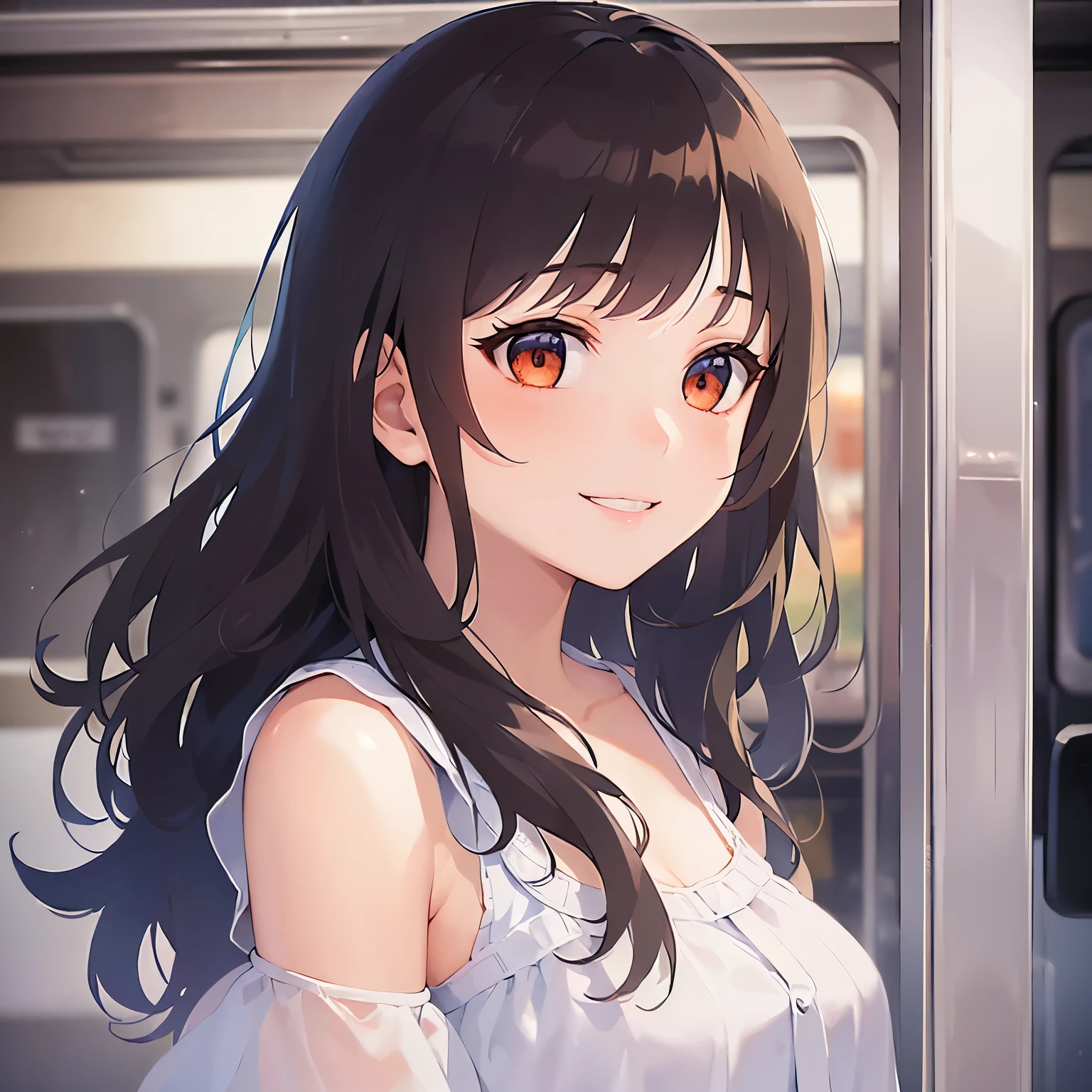 (looking away:1.5),Detailed CG,Ultra-fine illustrations,masterpiece,Highest quality,BREAK(white:1.5)and(Off-the-shoulder blouse)BREAK,Realistic,Real person,RAW Photos,Realistic(青whiteい肌:1.2),Glowing Skin,Shiny Hair,(A 27-year-old woman with medium-length hair and bangs)and(Wavy Hair)and(Brown Hair)and(Orange eyes),(smile:1.3),The background is inside a train,alone