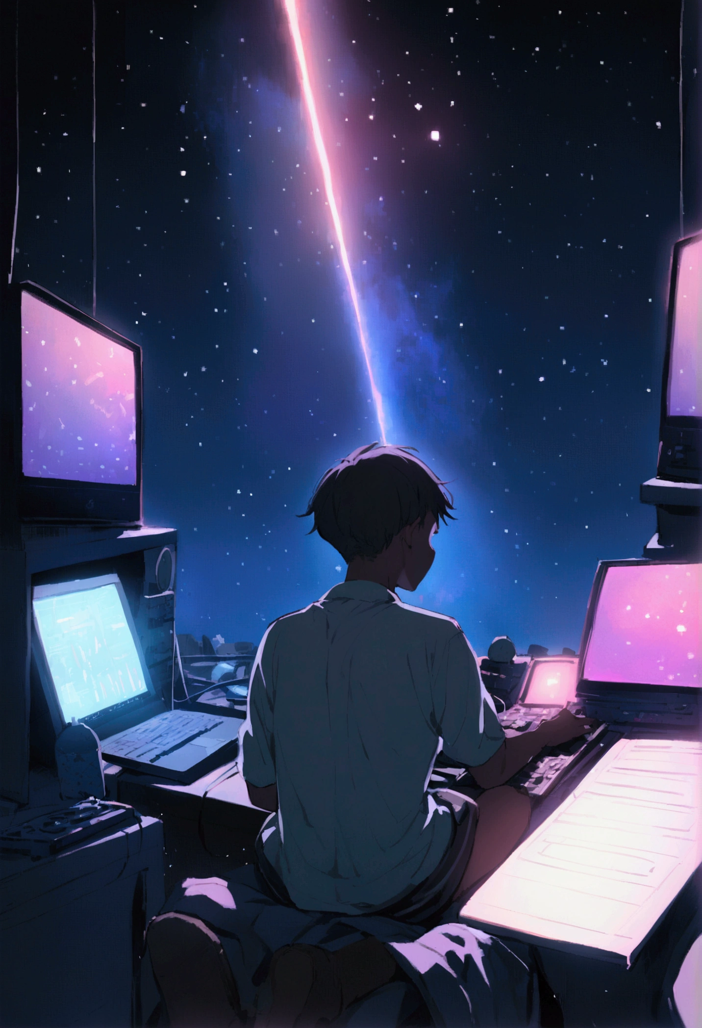 Back view of a cool young man composing music on a computer in a room full of gadgets, Pol Makoto Shinkai is Ghibli Studio, Dramatic lighting, god'Perspective, Great quality, Dark Skin, Cone Fade、Space landscape with Earth on top、creative、neon、Near future
