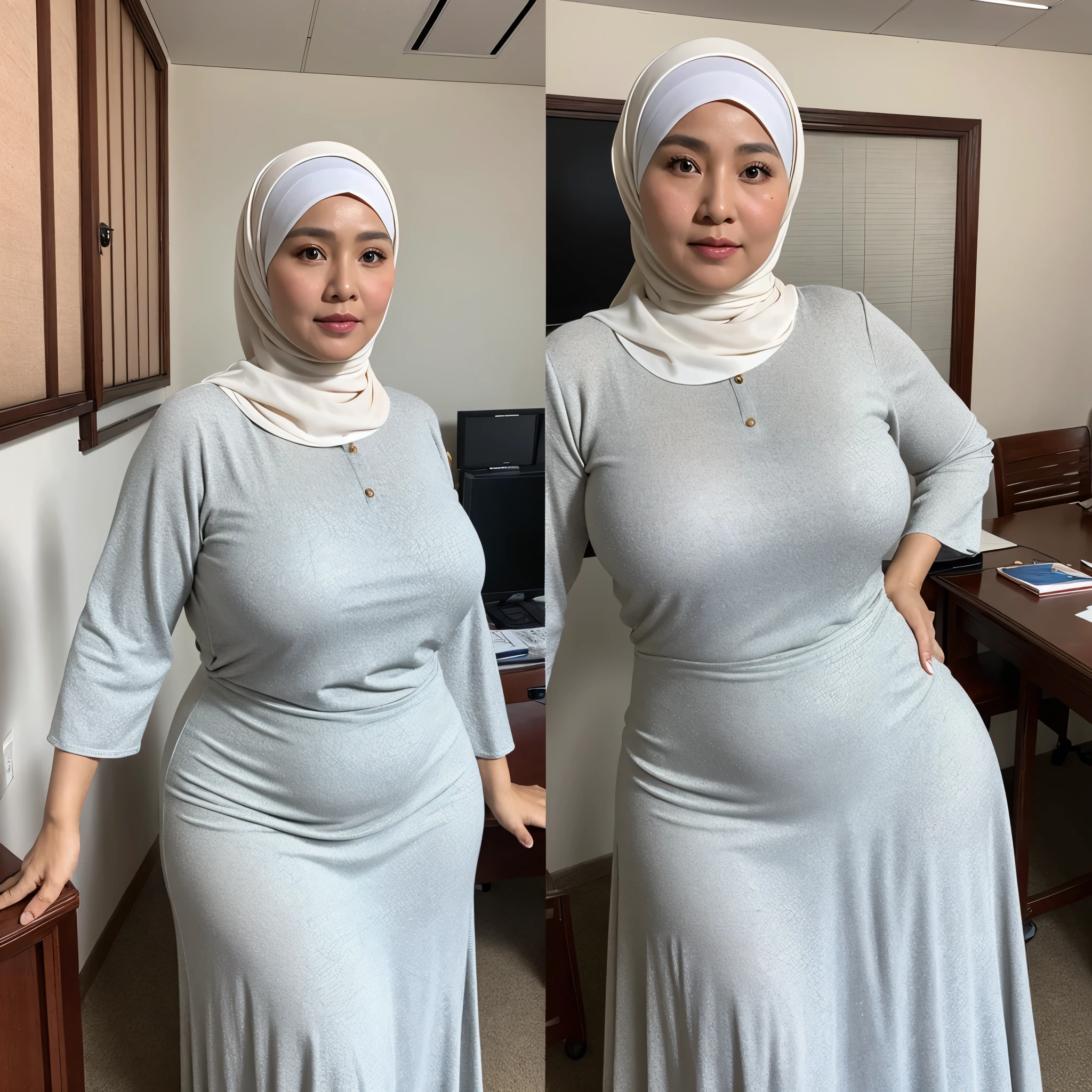 56 years Old, Hijab Indonesian mature woman, Big Saggy Mature Rack : 4, Gamis, white skin like porcelain, Curvy body, Tattoed Face, at Teacher Office, High light, at Day time, 128K HDR Best Quality Photo, (((Multiple Photos In One Frame))