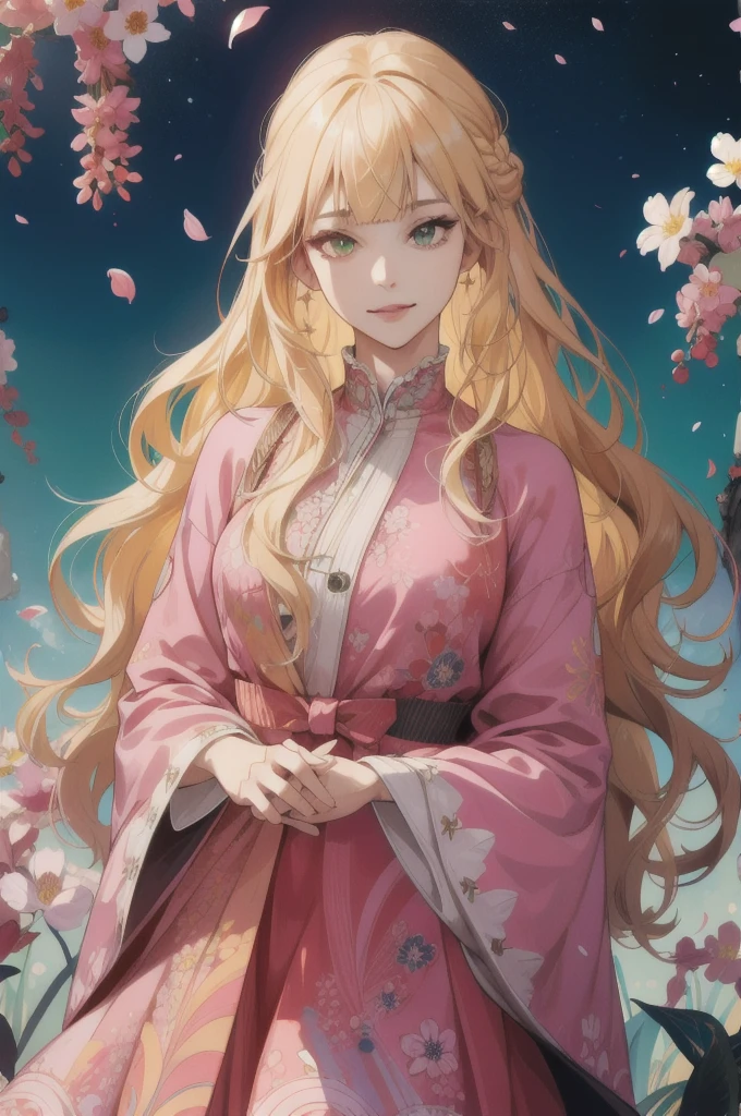 (absurdres, highres, ultra detailed), 1girl, mature female, wavy blonde hair, long hair, blunt bangs, green eyes, pink dress, finely detailed eyes and detailed face, extremely detailed CG unity 8k wallpaper, intricate details, BREAK , kaleidoscopic imagery, symmetrical patterns, vibrant colors, geometric shapes, mesmerizing designs, optical illusions, dynamic composition BREAK , pantomime art, expressive body language, silent storytelling, evocative gestures, visual narratives, theatrical performances BREAK , blooming flowers, colorful petals, fragrant scents, nature's bounty, vibrant gardens, peaceful scenery