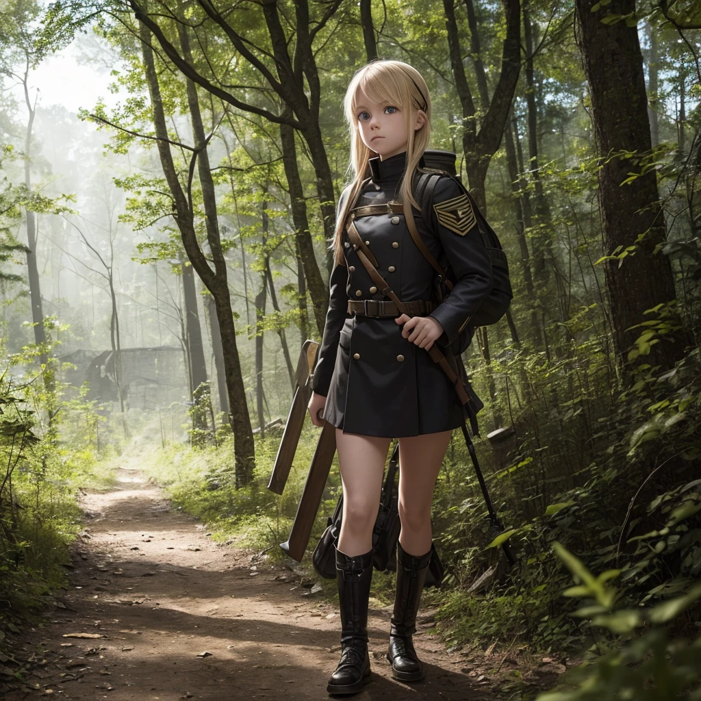 Young blonde adventurer girl, wearing a black military uniform and armor, carrying a large backpack filled with various items. She stands in a forest, looking determined and adventurous, with a hint of curiosity in her eyes, solo, broken ruins in the background
