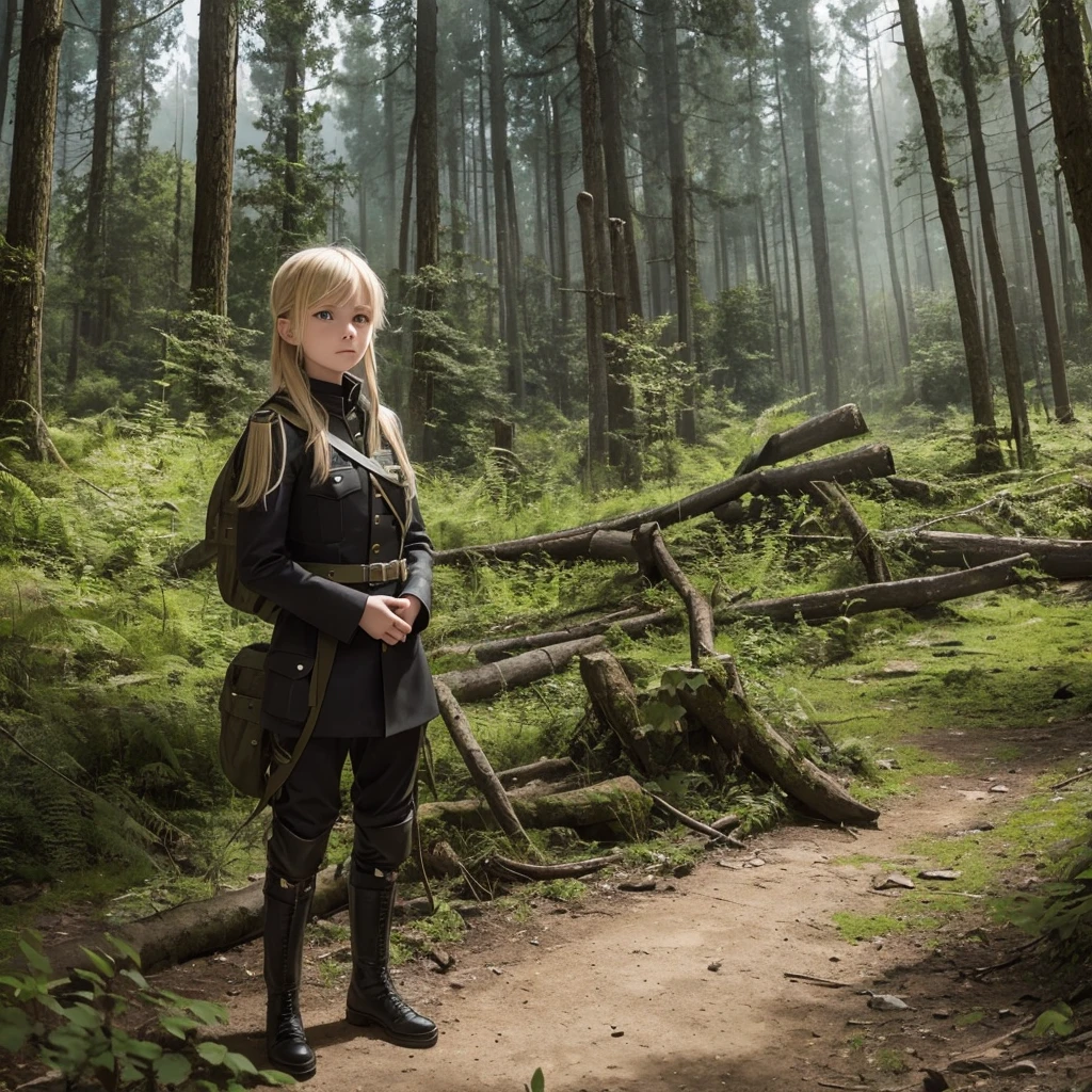 Young blonde adventurer girl, wearing a black military uniform and armor, carrying a large backpack filled with various items. She stands in a forest, looking determined and adventurous, with a hint of curiosity in her eyes, solo, broken ruins in the background