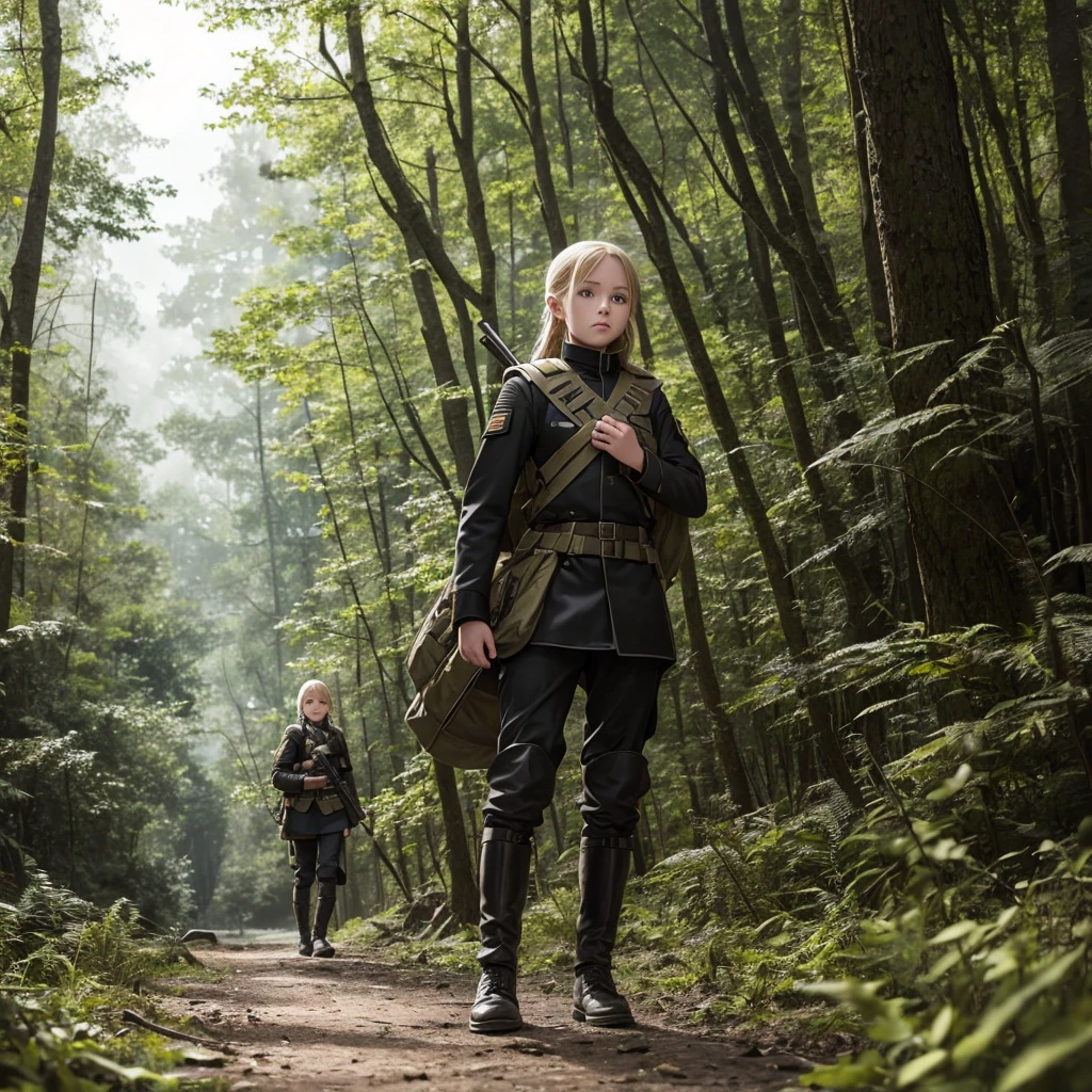 Young blonde adventurer girl, wearing a black military uniform and armor, carrying a large backpack filled with various items. She stands in a forest, looking determined and adventurous, with a hint of curiosity in her eyes, solo, broken ruins in the background