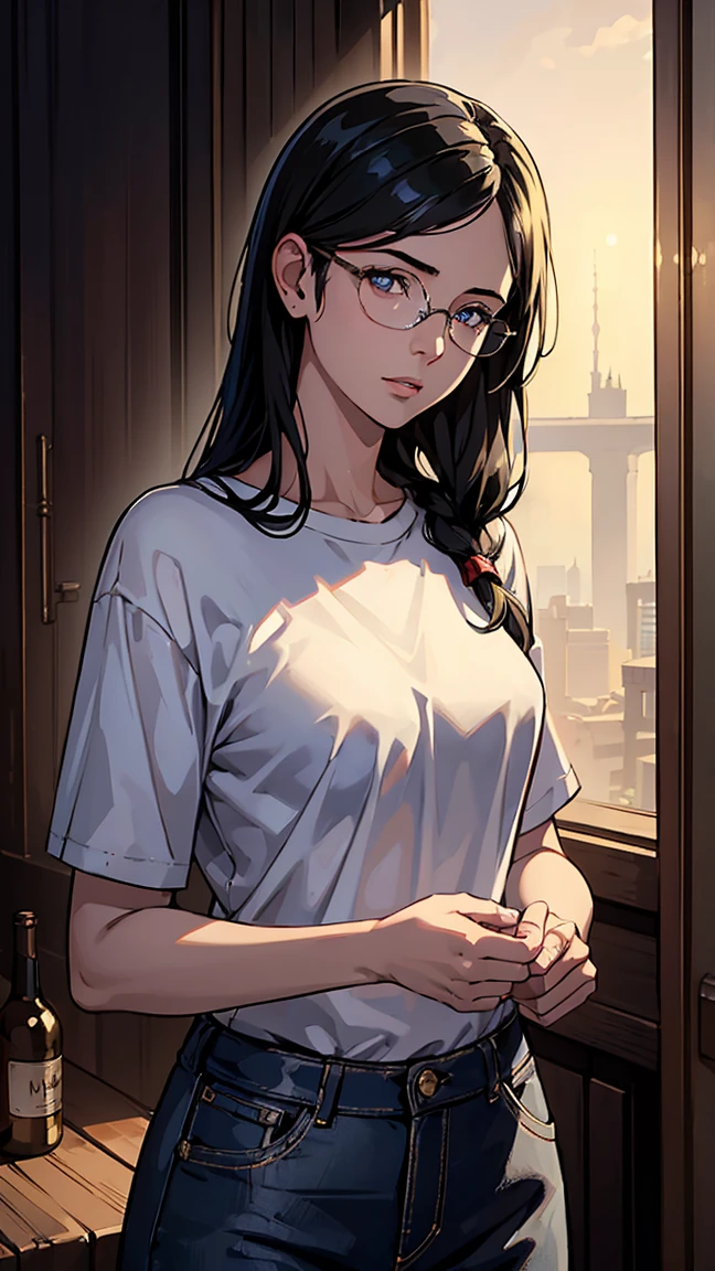 (best quality:1.4),masterpiece,ultra-detailed,delicate features,delicate skin,realism,beautiful lighting,cowboy shot,1girl,black hair ,blues eyes ,tareme,long hair,gleaming skin,glasses, oversized t-shirt, wasteland