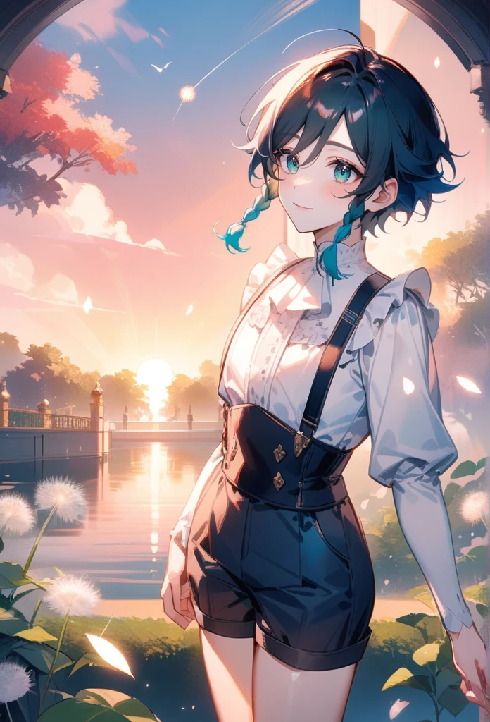 Masterpiece,very aesthetic,1boy,venti,solo,twin braids,bluegreen eyes,male_focus,gentle smile, serene,((flat chest)),wearing (simple white ruffled blouse) with (dark navy blue shorts with suspenders) and (white stockings held up by ((garters)))
BREAK 
illustrated by (guweiz:0.25) and (dsmile:0.35),criin,mihoyo,cel shading,slim face
BREAK 
Dreamy outdoor scene of a beautiful garden with trailing ivy and stairs and trees,royal garden background,beautiful intricate anime scenery,peaceful pond with floating light particles,((stunning sunrise backdrop)),gorgeous fantasy aesthetic, rich vivid color
BREAK 
Mondstadt,dandelion seeds,garters