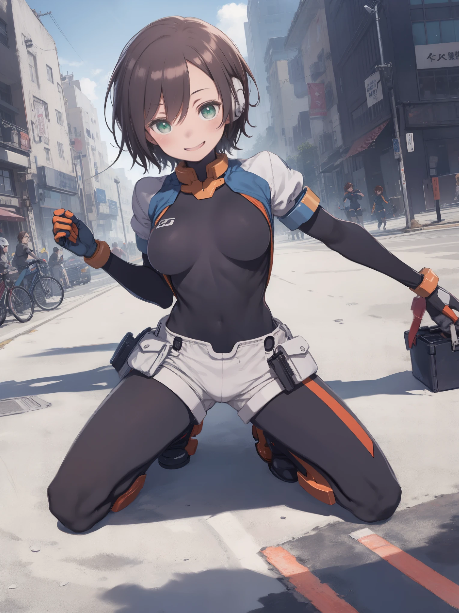 aile_megamanzx, kneeling with one hand on the ground and the other arm raised, 1girl, solo, short hair, brown hair, short sleeves, (bodysuit), robot ears, green eyes, short_shorts, short sleeves, short over long sleeves, smile, in futuristic_city_landscape, , high quality, medium_breasts,crotch, slouch,(covered_nipples:0.6), laugh,smile