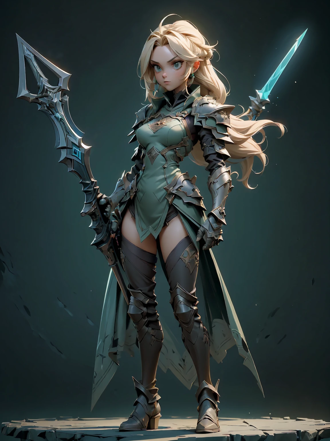 (((masterpiece, best quality, high detailed, 8k))) Design a layout showcase Gaming character, (1girl). Green|Brown clothes, stylish and unique. ((showcase weapon:1.4)), dual daggers. (masterpiece:1.2), (best quality), 4k, ultra-detailed. (Step by step design, layout art:1.5), (luminous lighting, atmospheric lighting). assassin, ((glove full hands)), (((revealing clothes:1.3))), vambraces, armored legwear, (((full_body_shot:1.4))). {In a dense jungle}.