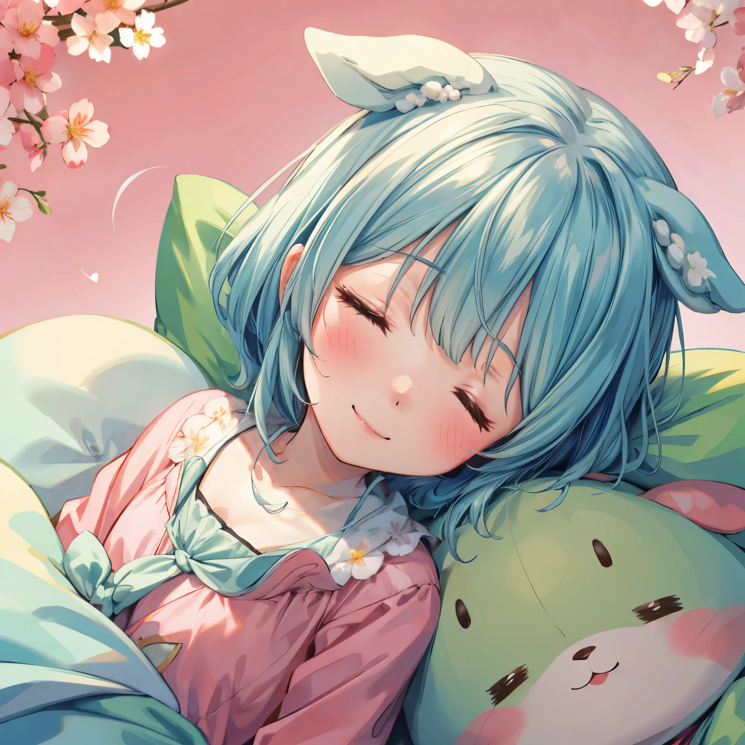 Zundamon,Sleeping next to me, smile, blush, stop temporarily, Floral Background