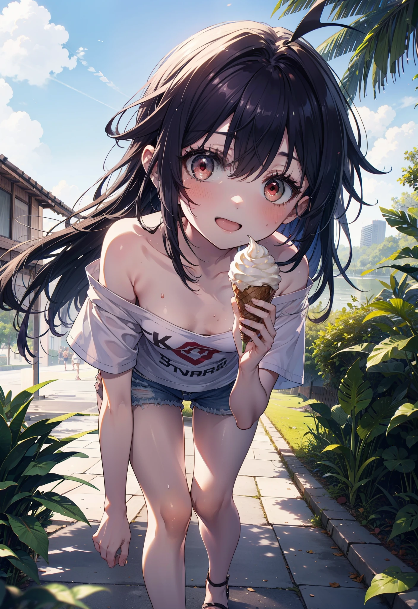 yuukikonno, Yuuki Konno, , Long Hair, Pointed Ears, Purple Hair, Ahoge,(Red eyes:1.5), (Small breasts:1.2), hair band,Oversized one-shoulder shirt,Short sleeve,Shorts,Heeled Sandals,Walking,Daytime,Clear skies,Holding and eating ice cream with both hands,happy smile,smile, Open your mouth,whole bodyがイラストに入るように,Palm tree,
break looking at viewer, whole body,
break outdoors, tropical,In town,
break (masterpiece:1.2), Highest quality, High resolution, unity 8k wallpaper, (figure:0.8), (Beautiful attention to detail:1.6), Highly detailed face, Perfect lighting, Highly detailed CG, (Perfect hands, Perfect Anatomy),