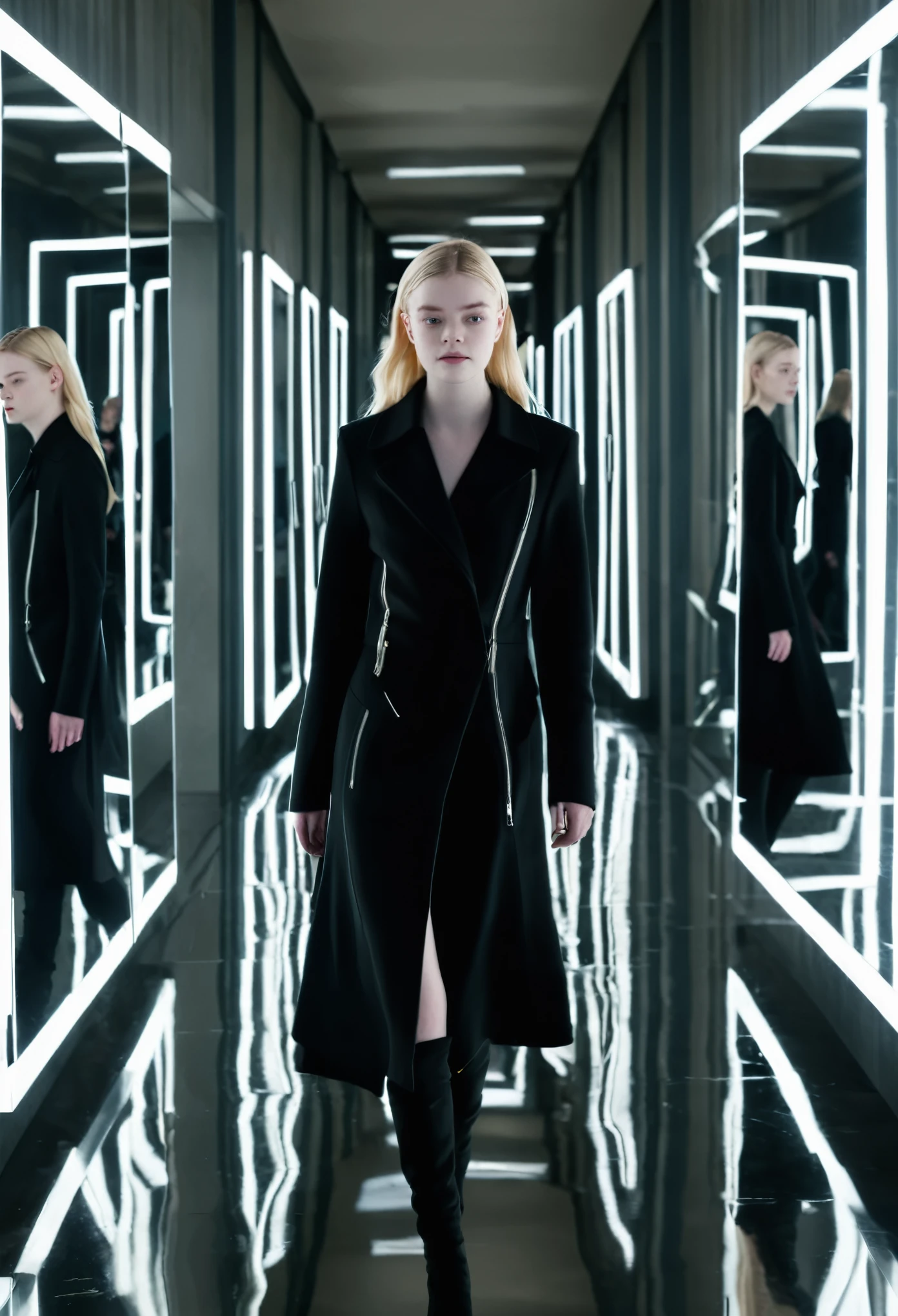 Elle Fanning walking in front of the viewer in a black jacket walking slowly in a hallway of a building where several mirrors are reflected reflecting her own image in a cinematic camera movement scene, The mirrors show multiple angles of Elle, each with a slightly different expression , The environment is a modern building with soft LED lights that enhance the futuristic atmosphere, The environment is cold and somewhat distant, evoking a feeling of introspection and searching, Illustration,