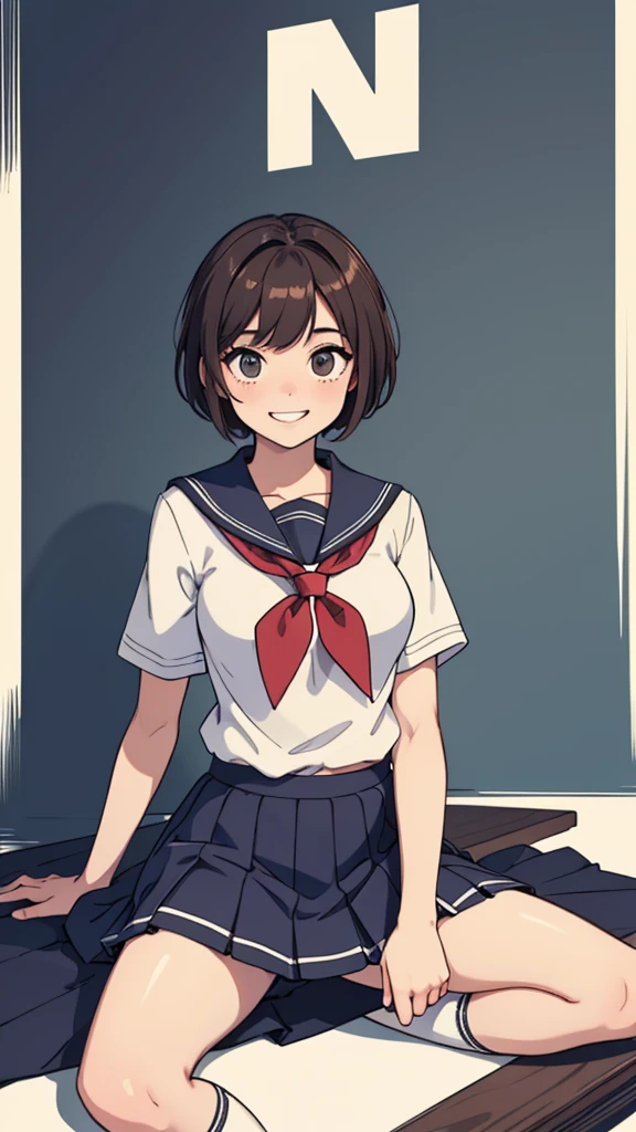 (((masterpiece, best quality, ultra highres, 1 girl, solo, no background))), super detailed skin and face and eyes and finger, young delicate girl, cute girl, very cute japanese woman, small breasts:1.5, skinny, light brown hair, white background, very short pixie hair, cowboy shot, Generate with illustrations, Various expressions, Various poses, Please draw the entire character within the frame, ensuring that the head, arms, and legs are not cut off. The background should be simple, with the character positioned centrally, outline, anime, 2d, boyish, (School uniform: 1.5), Baggy socks, (Beautiful thighs: 1.0),belly:1.2, spread legs, smile showing teeth, white panties, Cross-legged sitting,black pleated skirt, ((skirt lift)), upskirt, Sexy underwear wearing, Black knee socks,